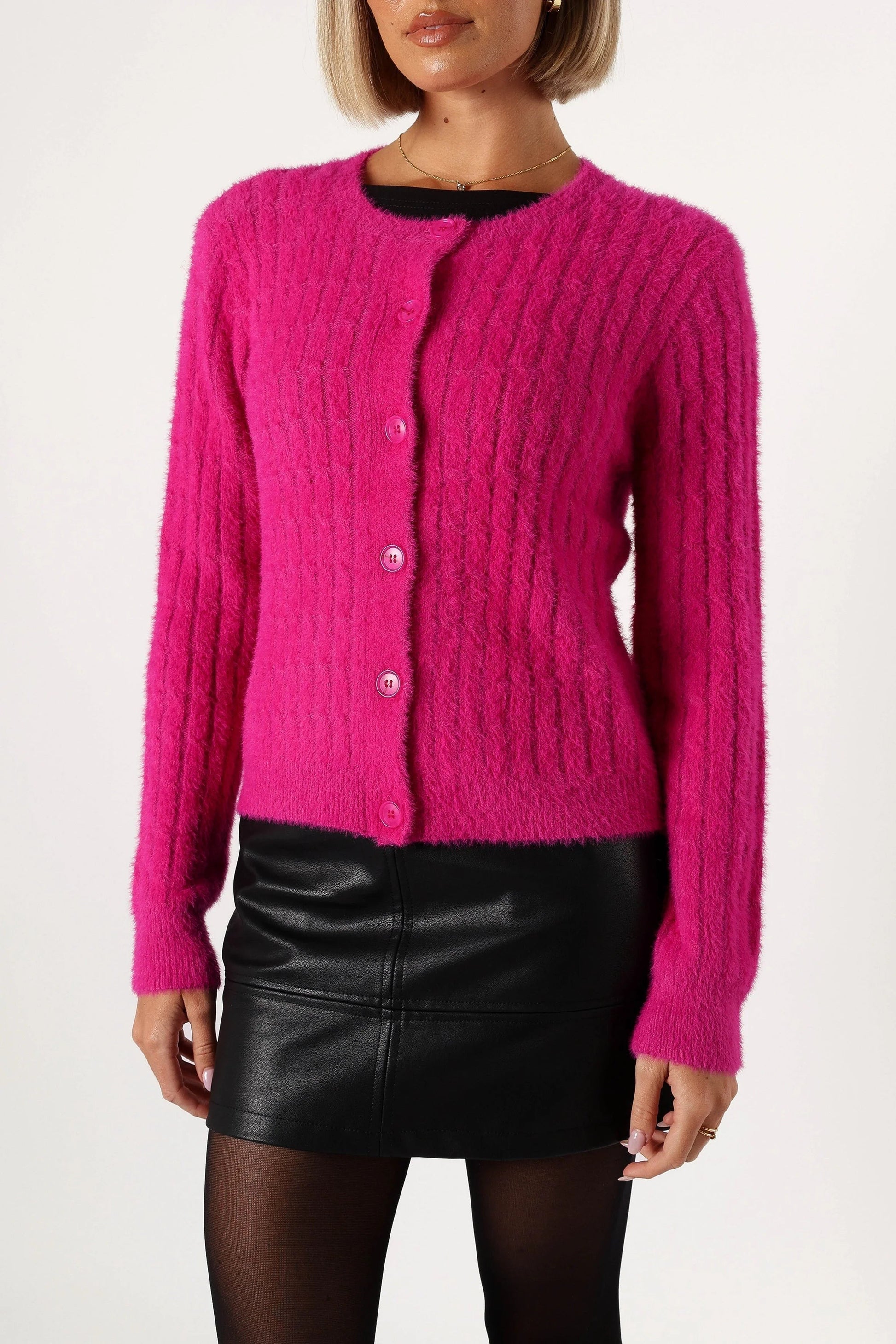 button-Front Round-Neck Knit Cardigan
