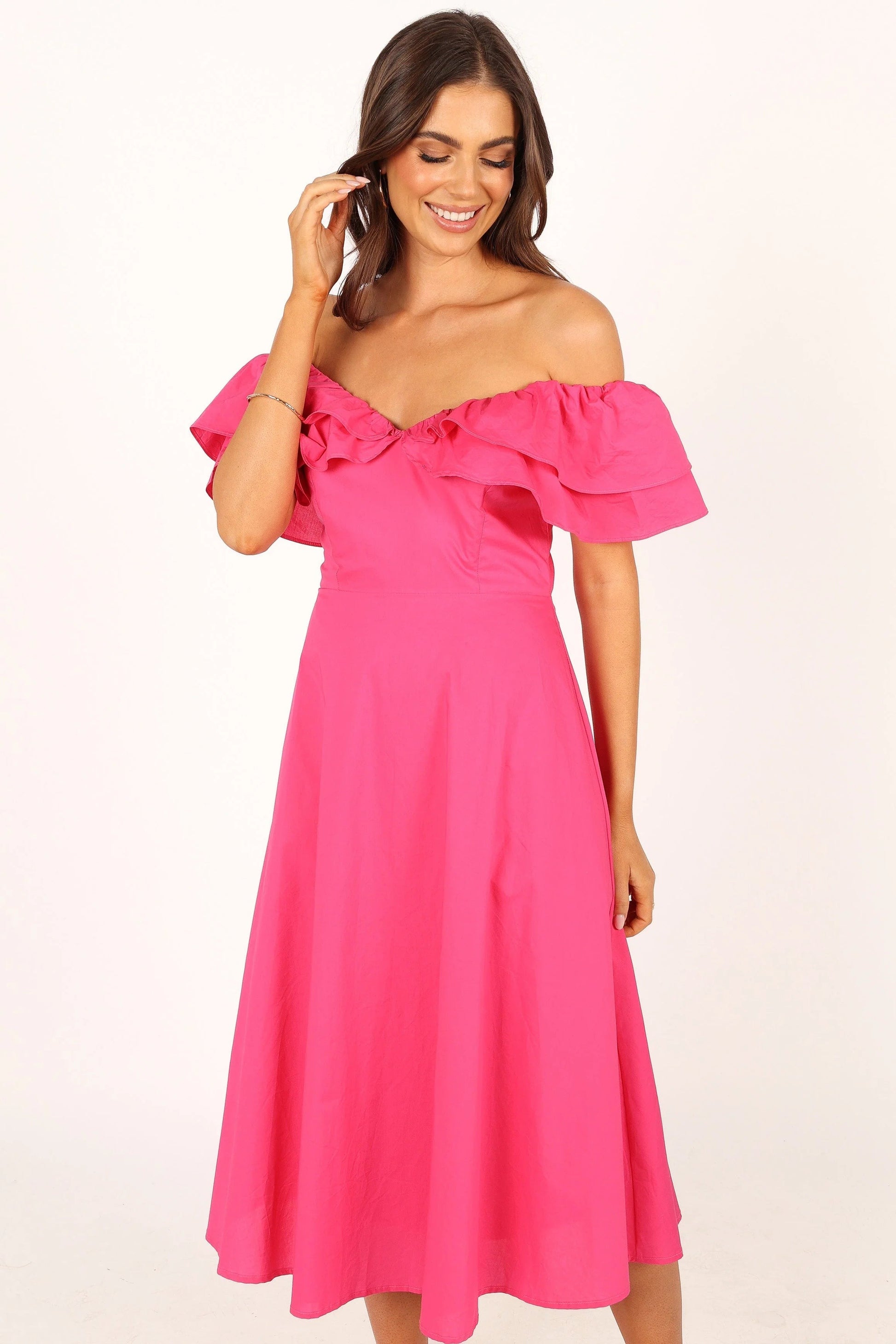 Cabo Off-Shoulder Corset-Bodice Midi Dress