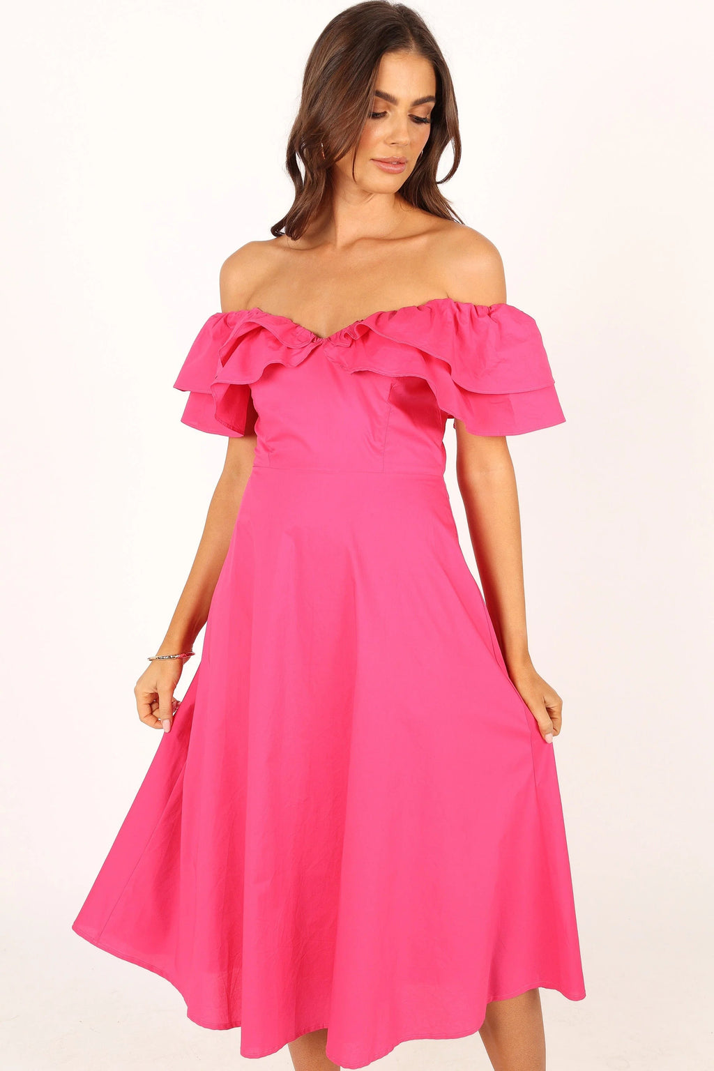 Cabo Off-Shoulder Corset-Bodice Midi Dress