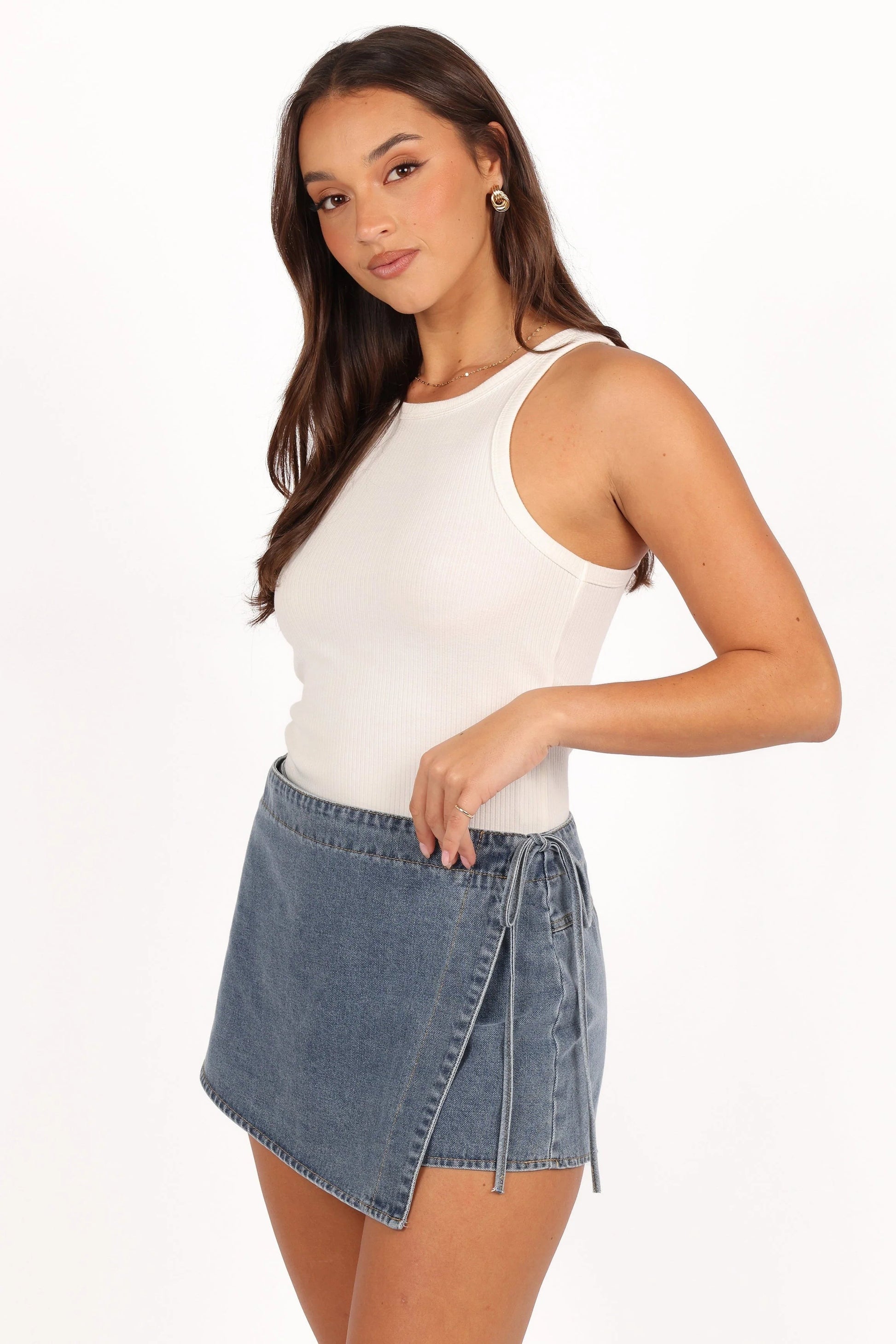 High-Waist Denim Skort
