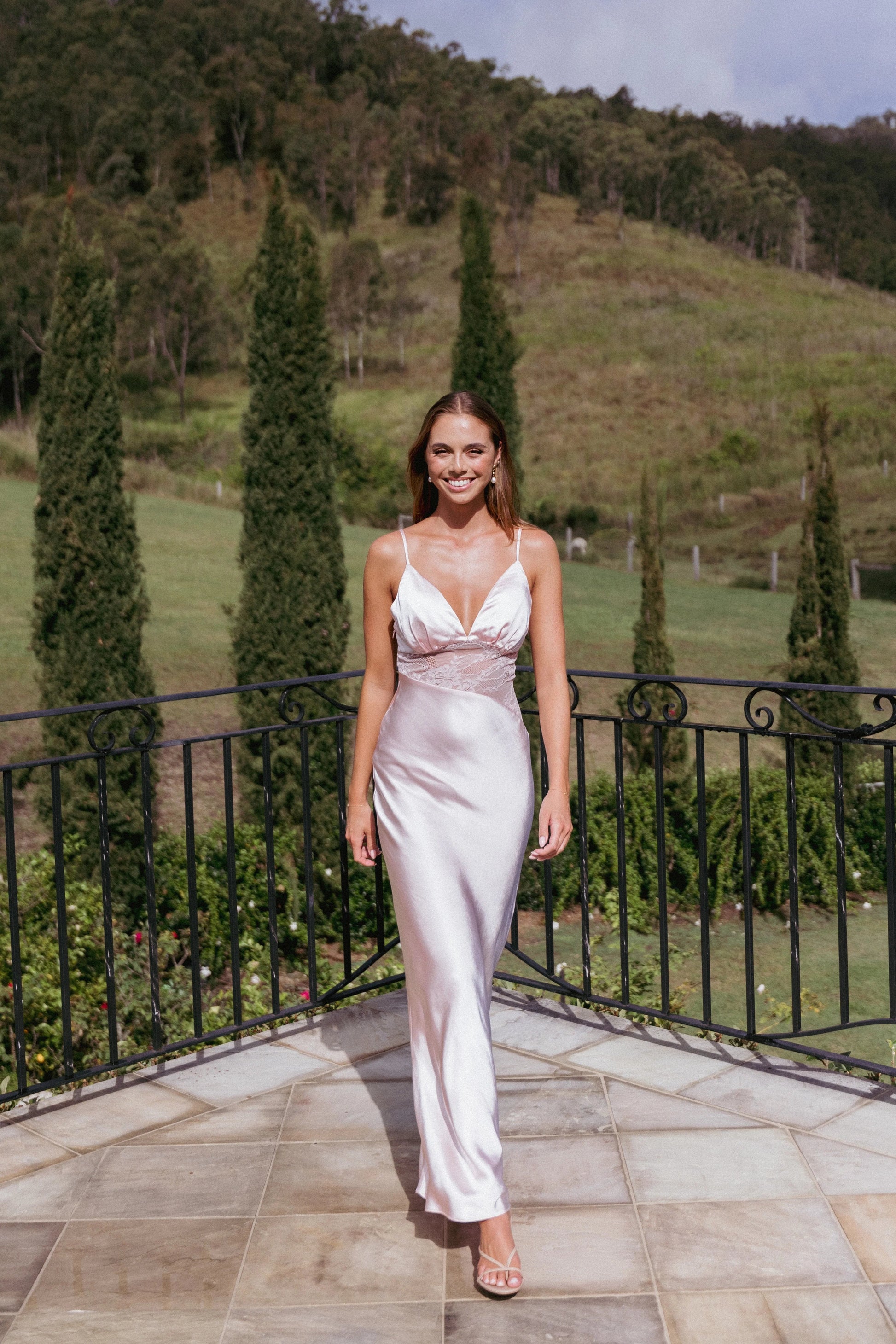 Lace-Accent Satin Maxi Dress