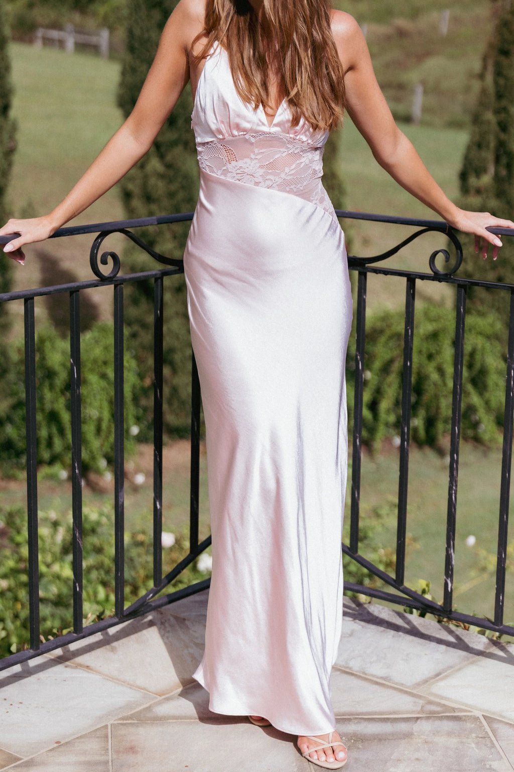 Lace-Accent Satin Maxi Dress