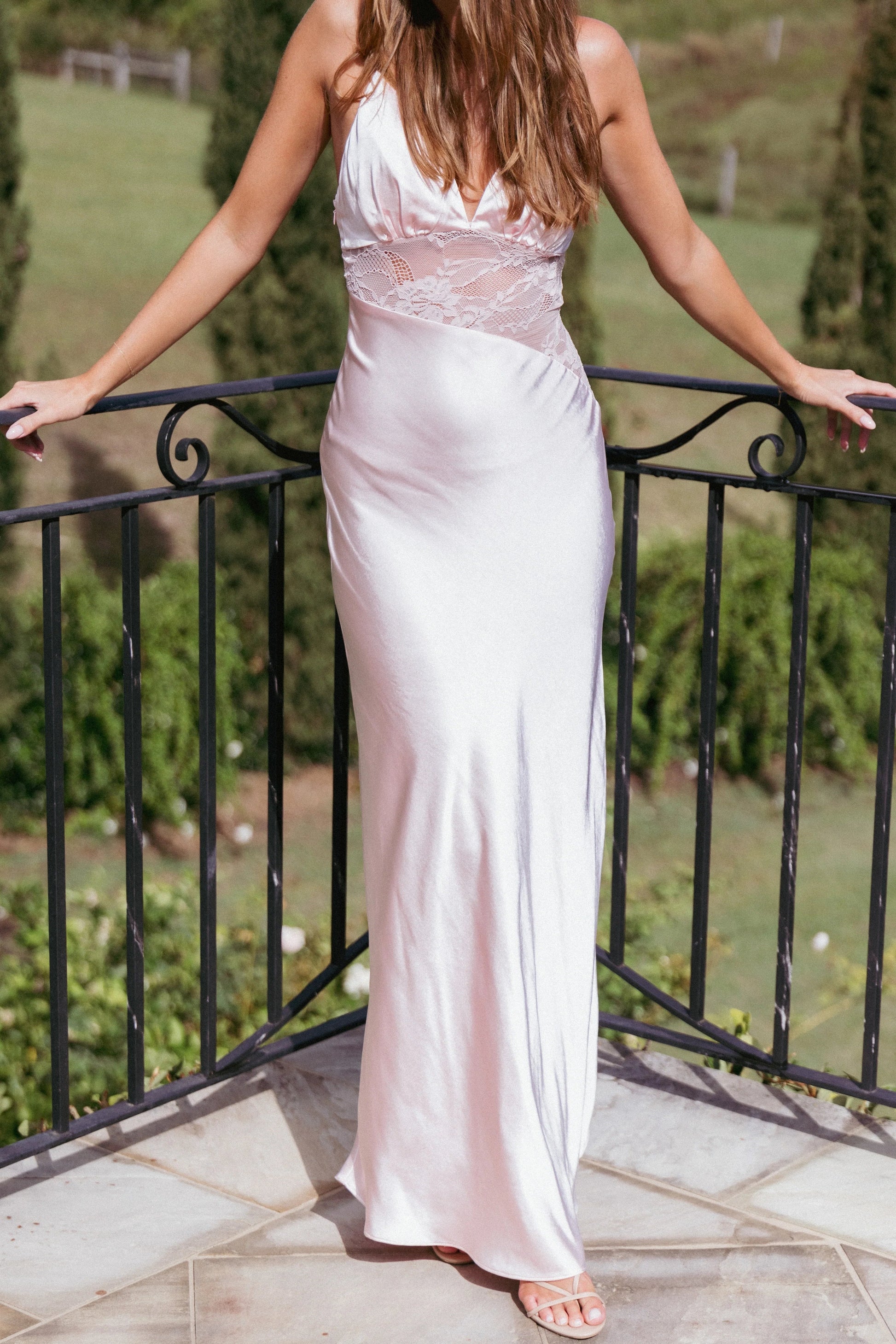 Lace-Accent Satin Maxi Dress