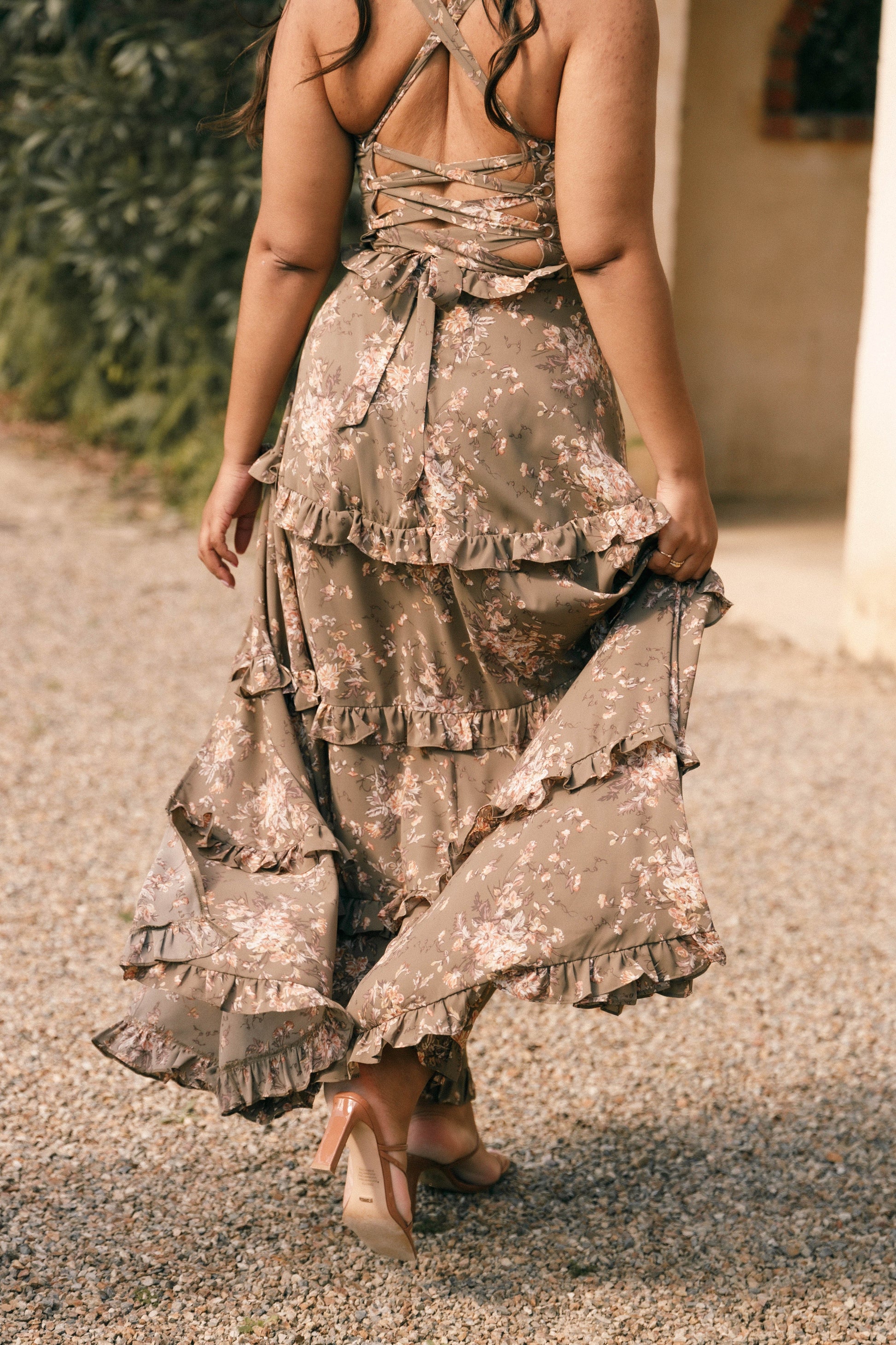 Lace-Up Tiered Maxi Dress