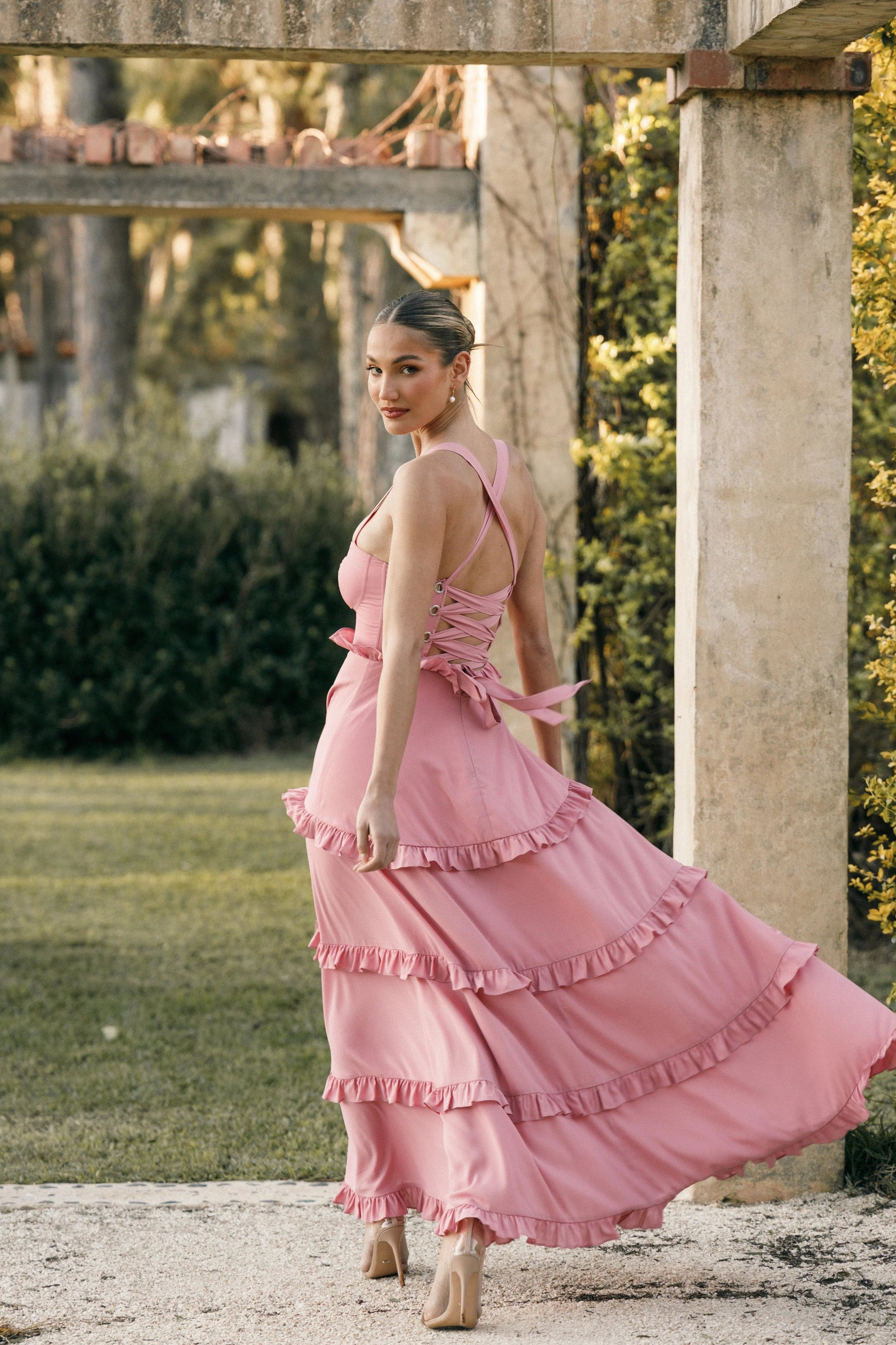 Lace-Up Tiered Maxi Dress