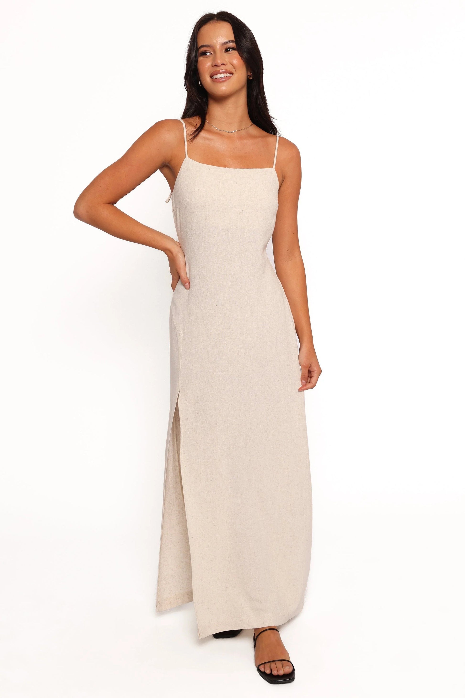 Linen-Blend Straight-Neck Slip Midi