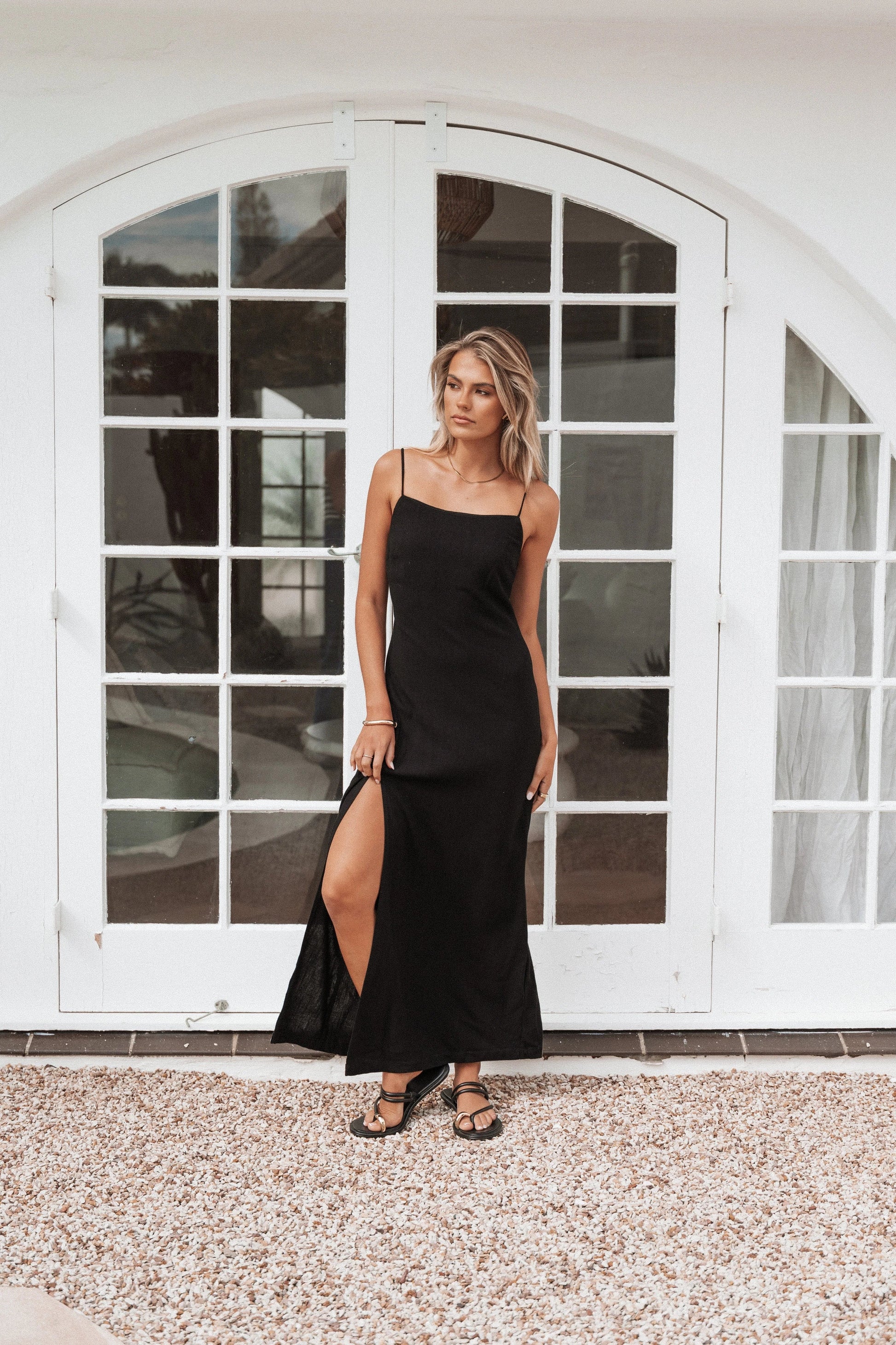 Linen-Blend Straight-Neck Slip Midi