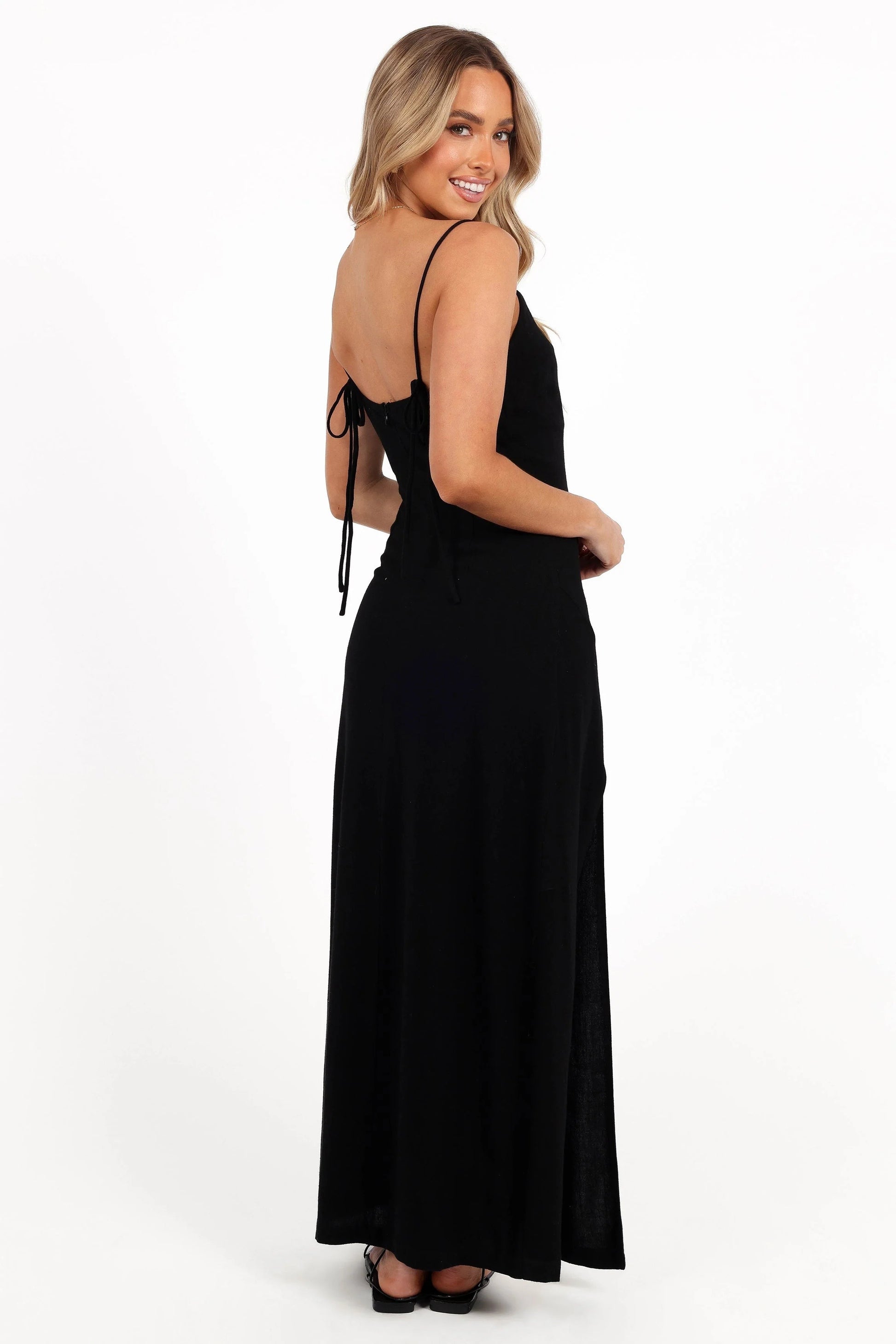 Linen-Blend Straight-Neck Slip Midi