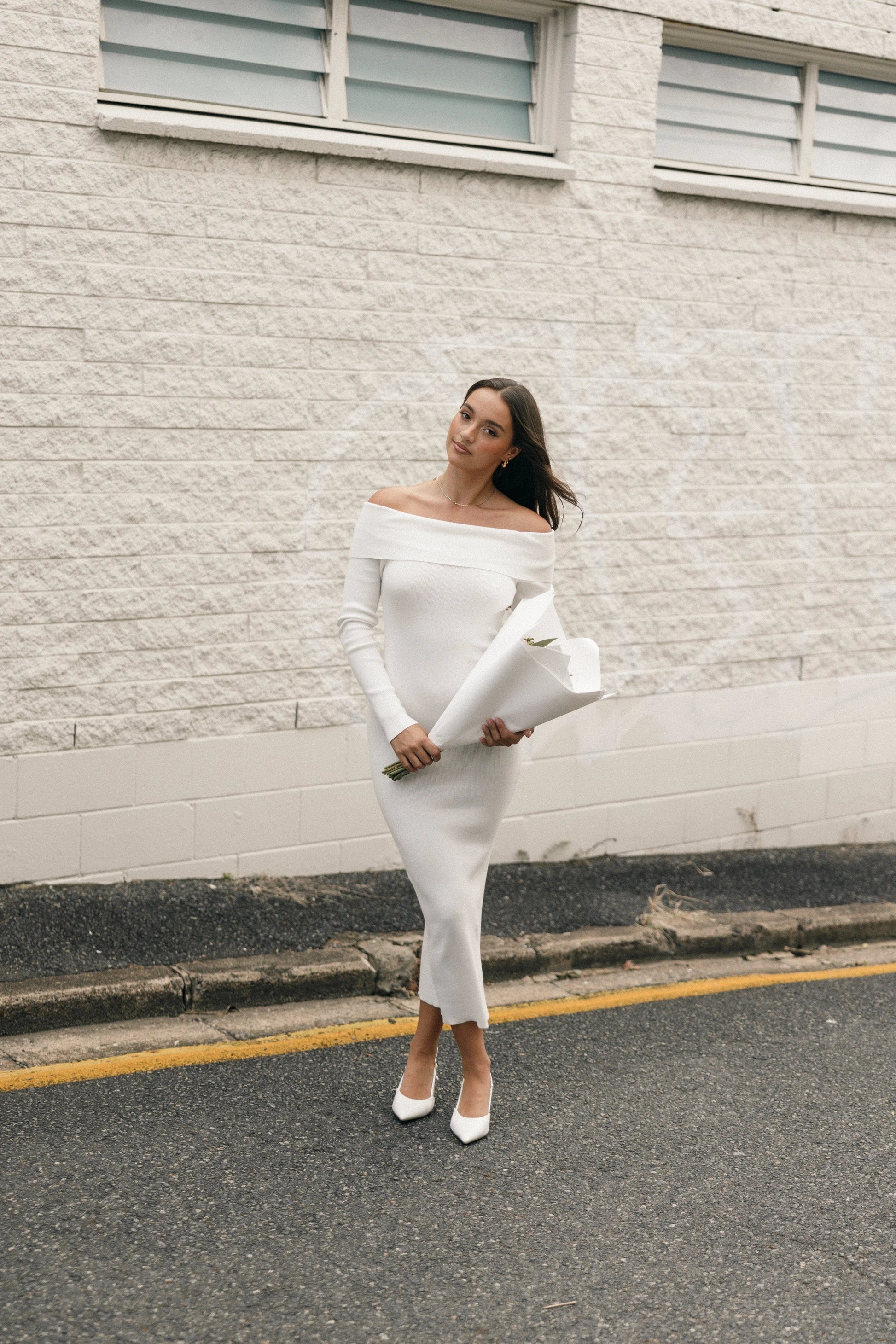 Off-Shoulder Ribbed Midi Dress