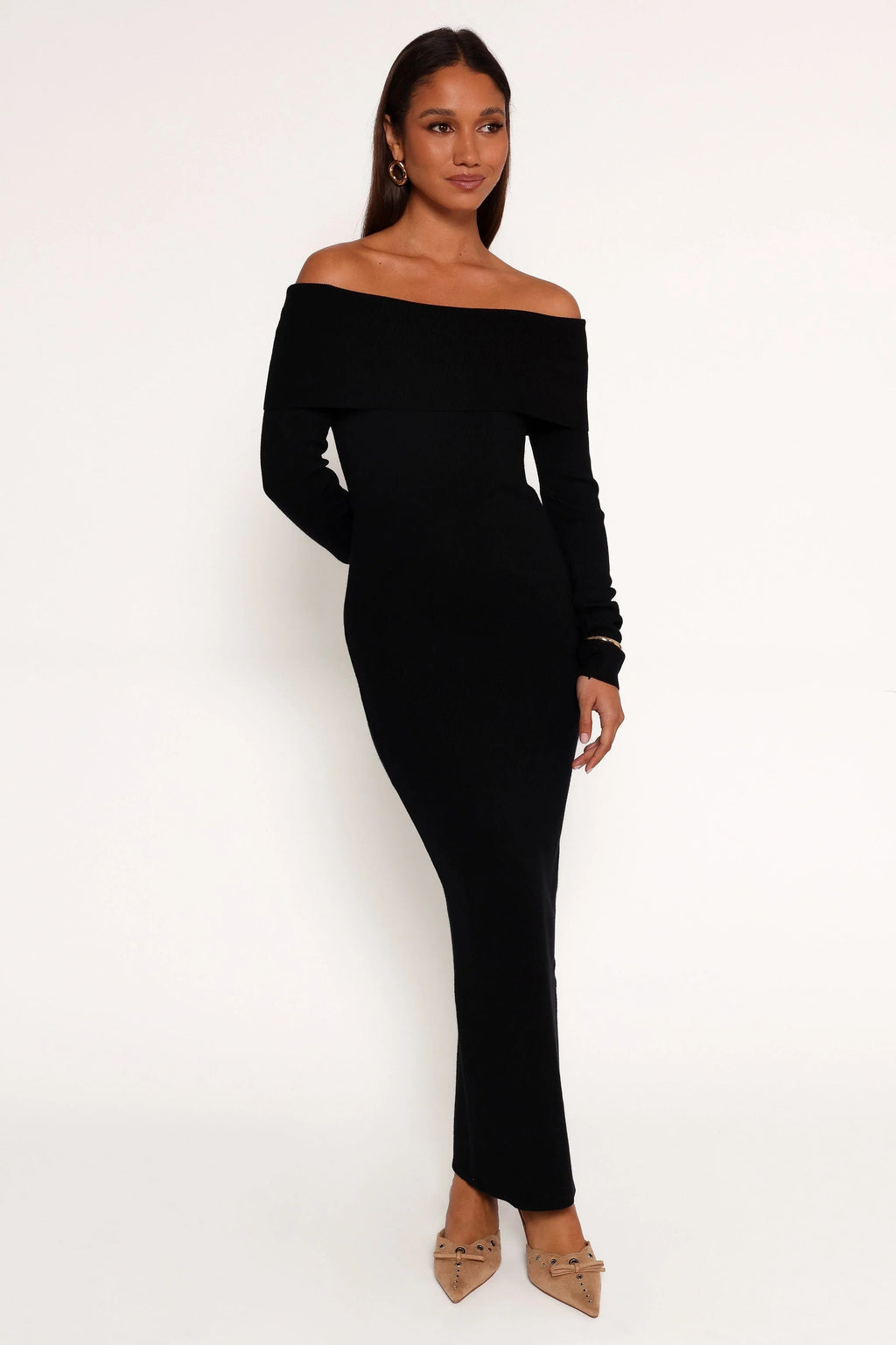 Off-Shoulder Ribbed Midi Dress
