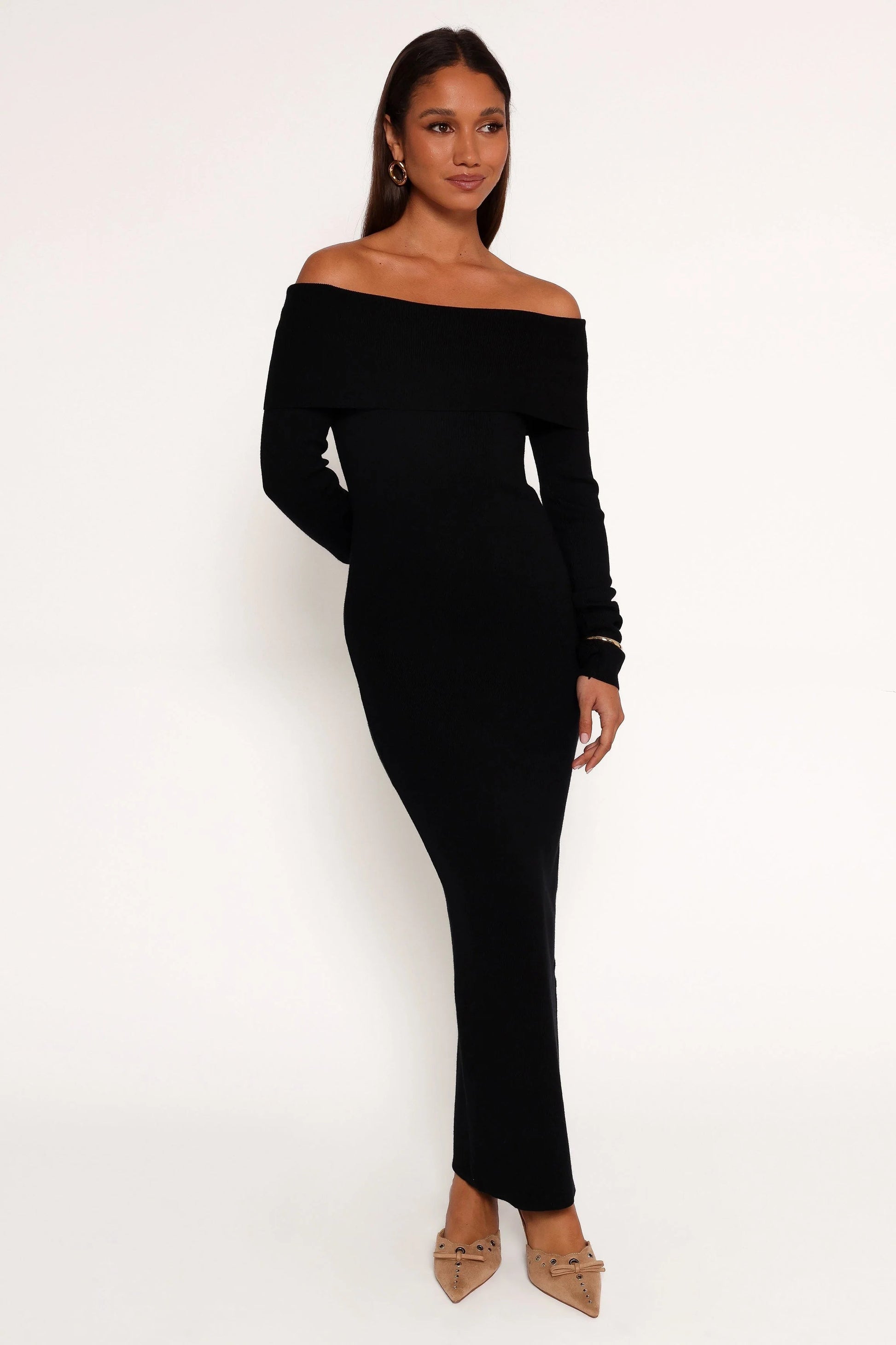 Off-Shoulder Ribbed Midi Dress