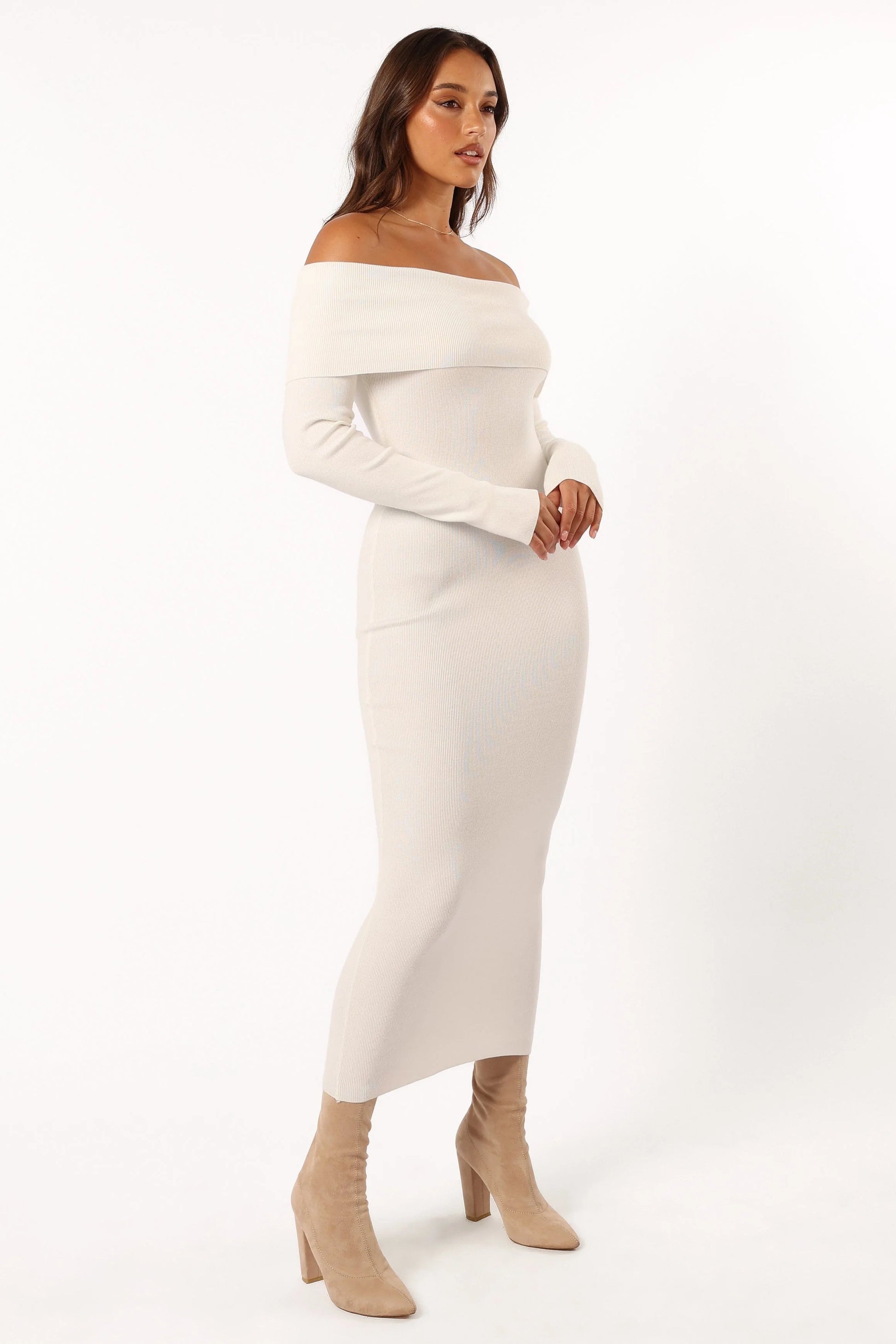 Off-Shoulder Ribbed Midi Dress