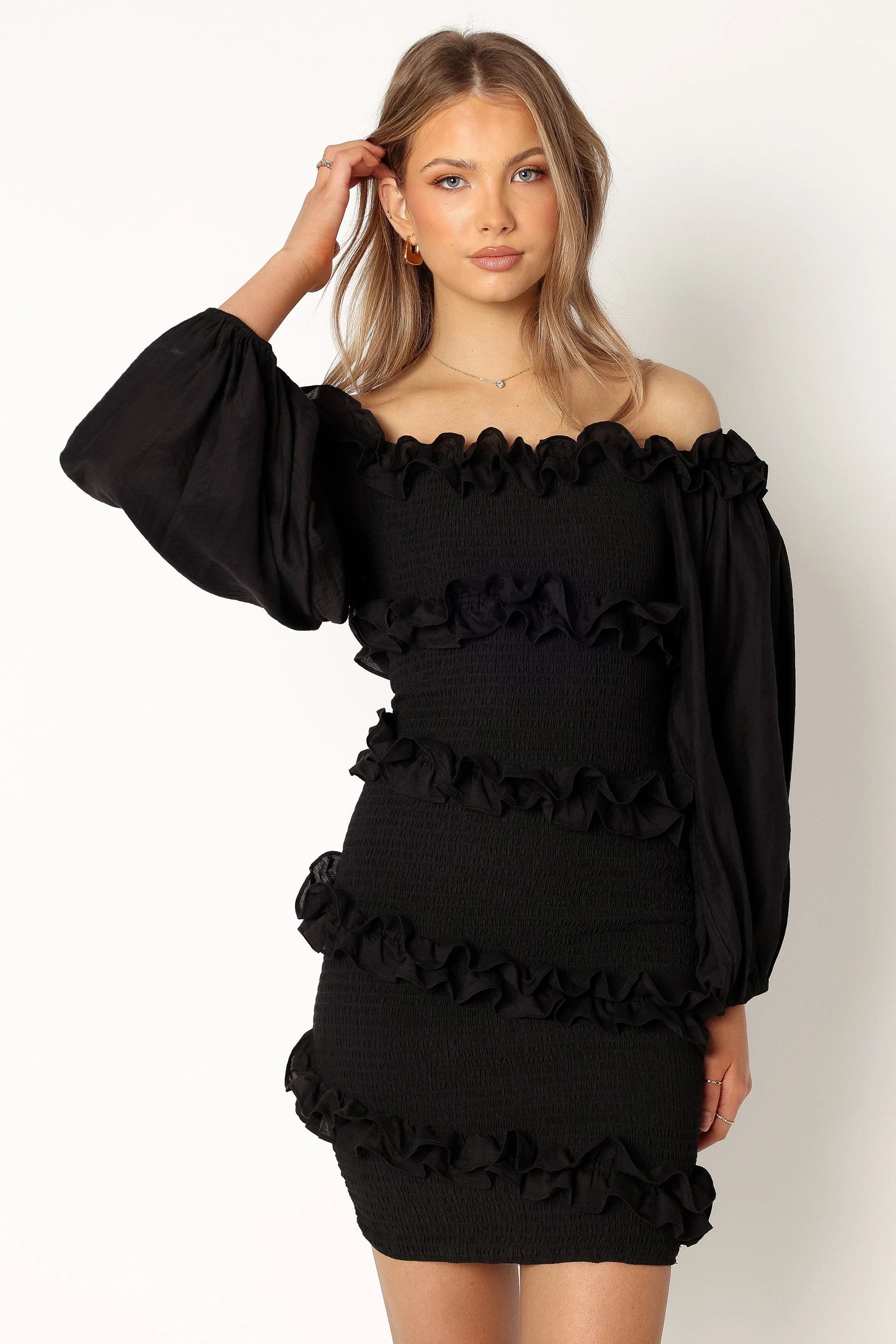 Off-Shoulder Ruffle-Asymmetric Mini Dress