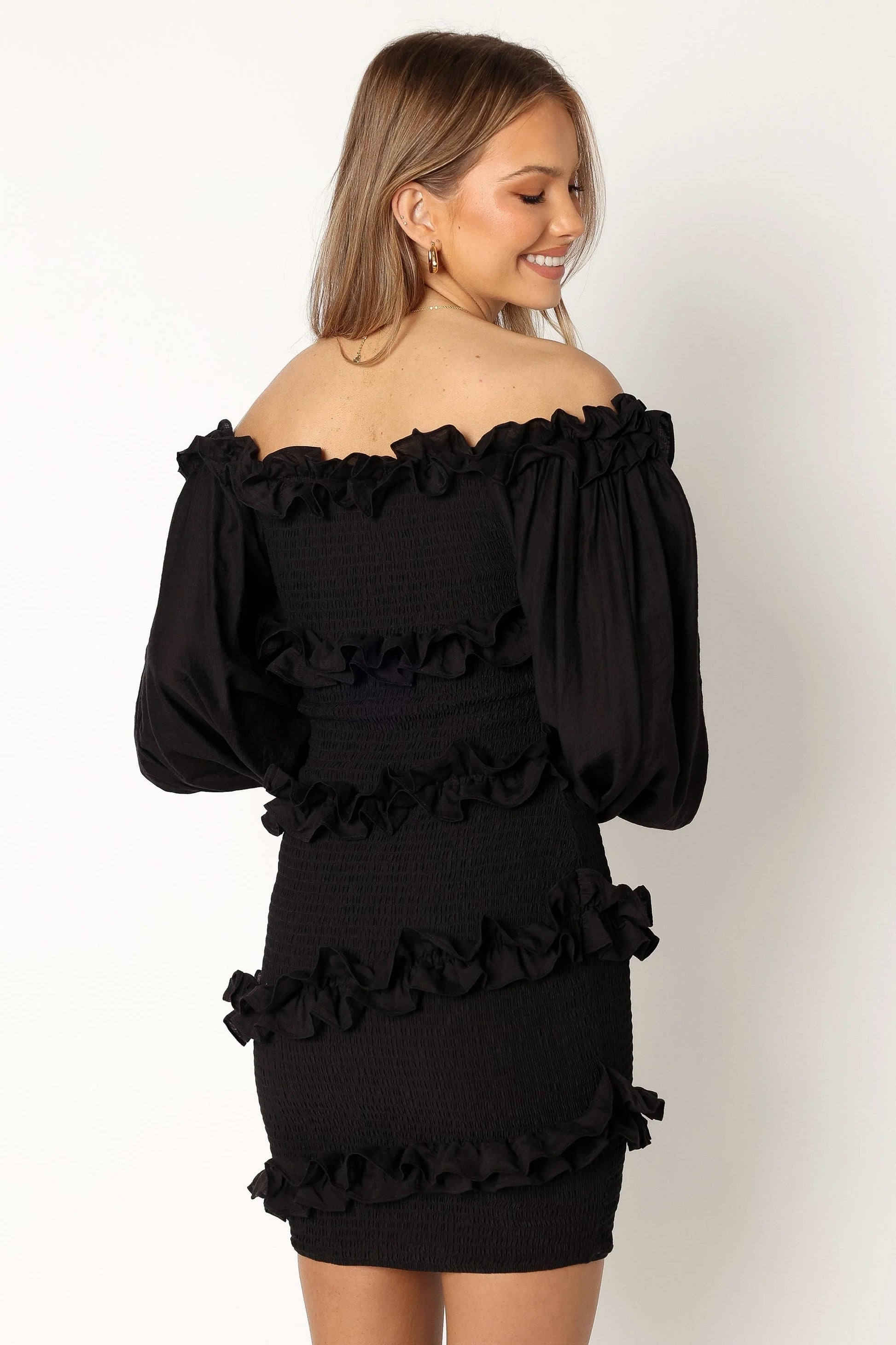 Off-Shoulder Ruffle-Asymmetric Mini Dress