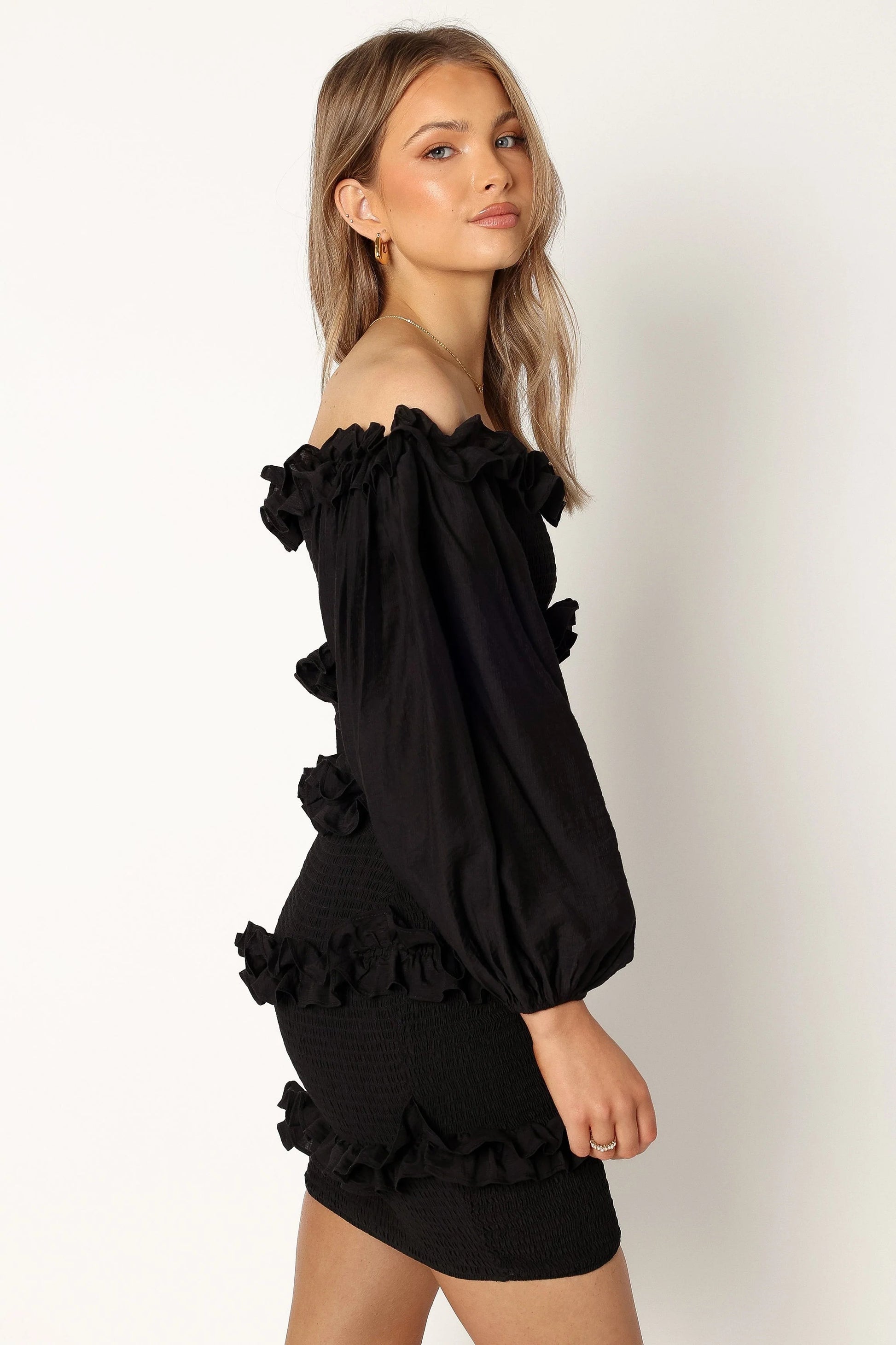 Off-Shoulder Ruffle-Asymmetric Mini Dress