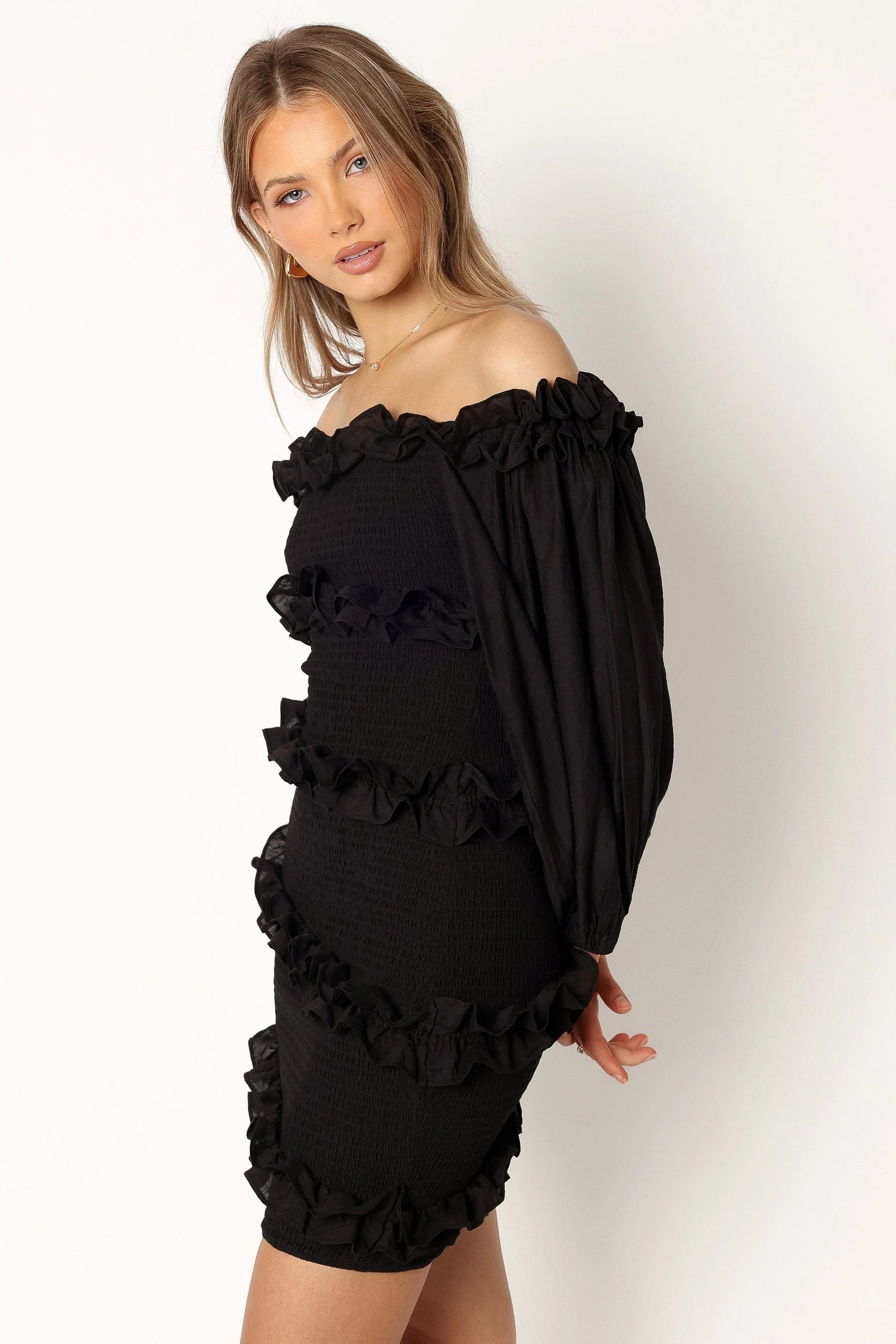 Off-Shoulder Ruffle-Asymmetric Mini Dress
