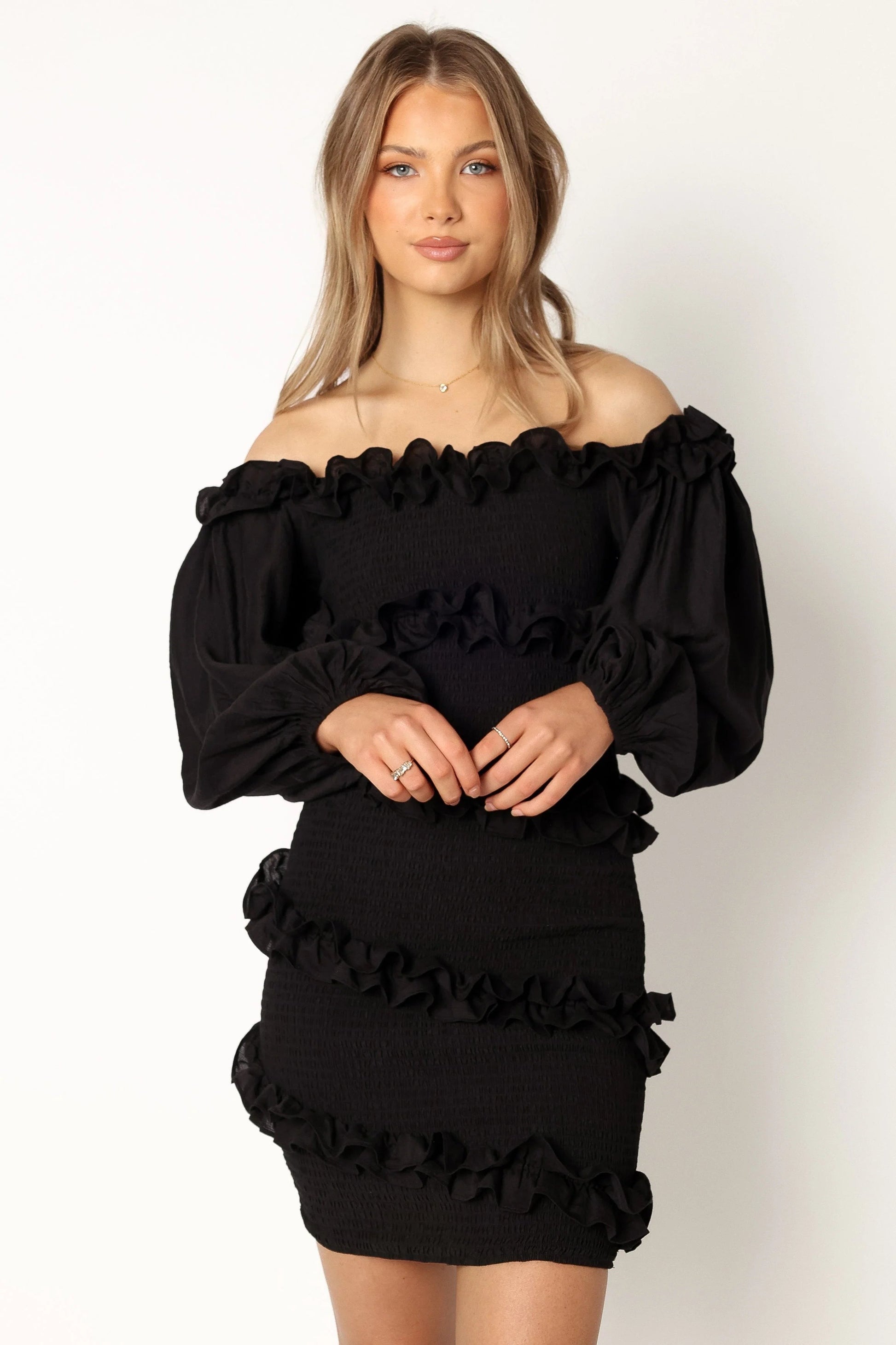 Off-Shoulder Ruffle-Asymmetric Mini Dress