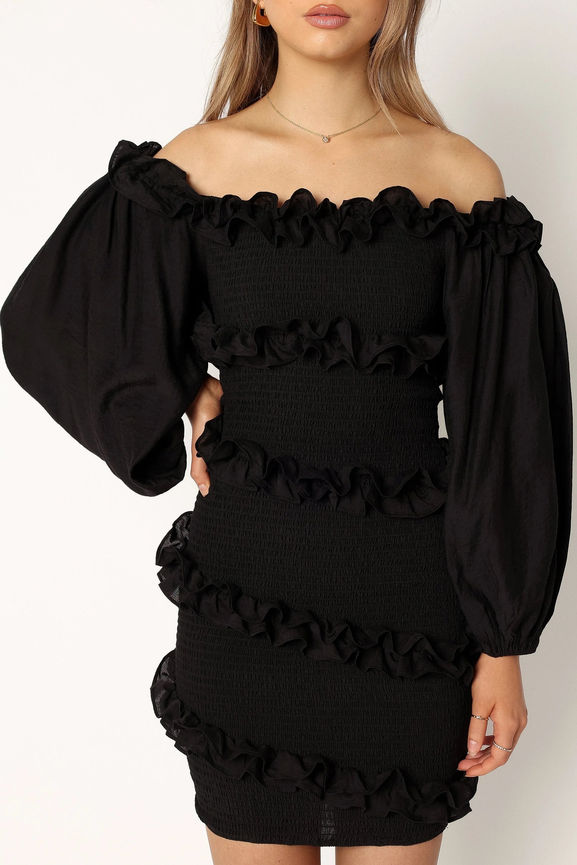 Off-Shoulder Ruffle-Asymmetric Mini Dress