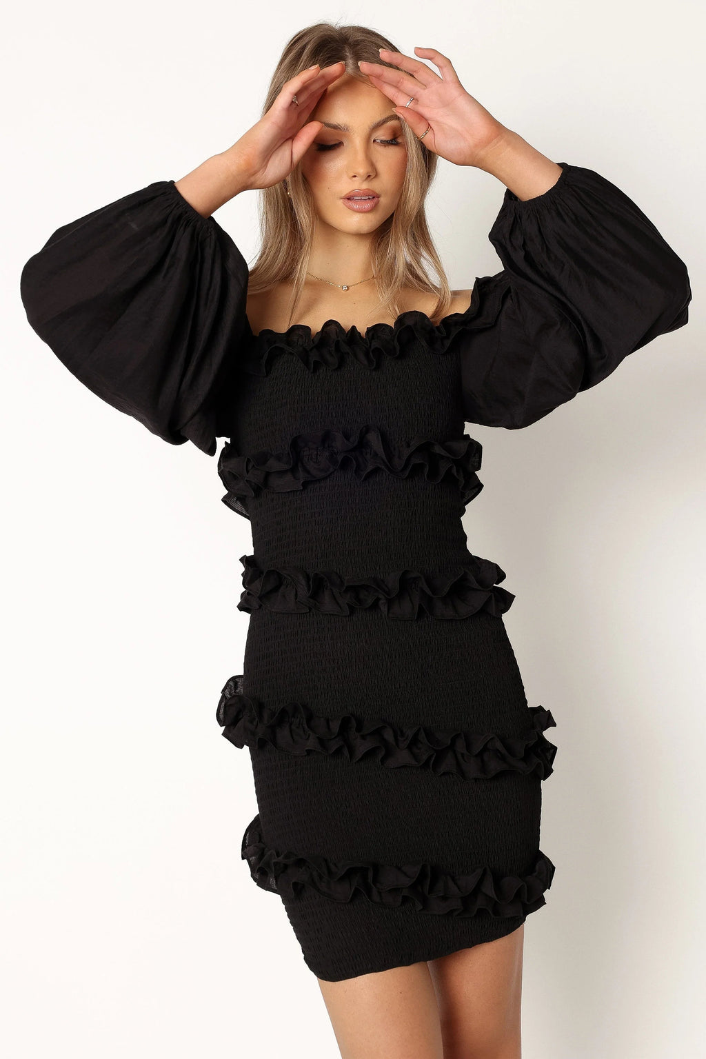 Off-Shoulder Ruffle-Asymmetric Mini Dress