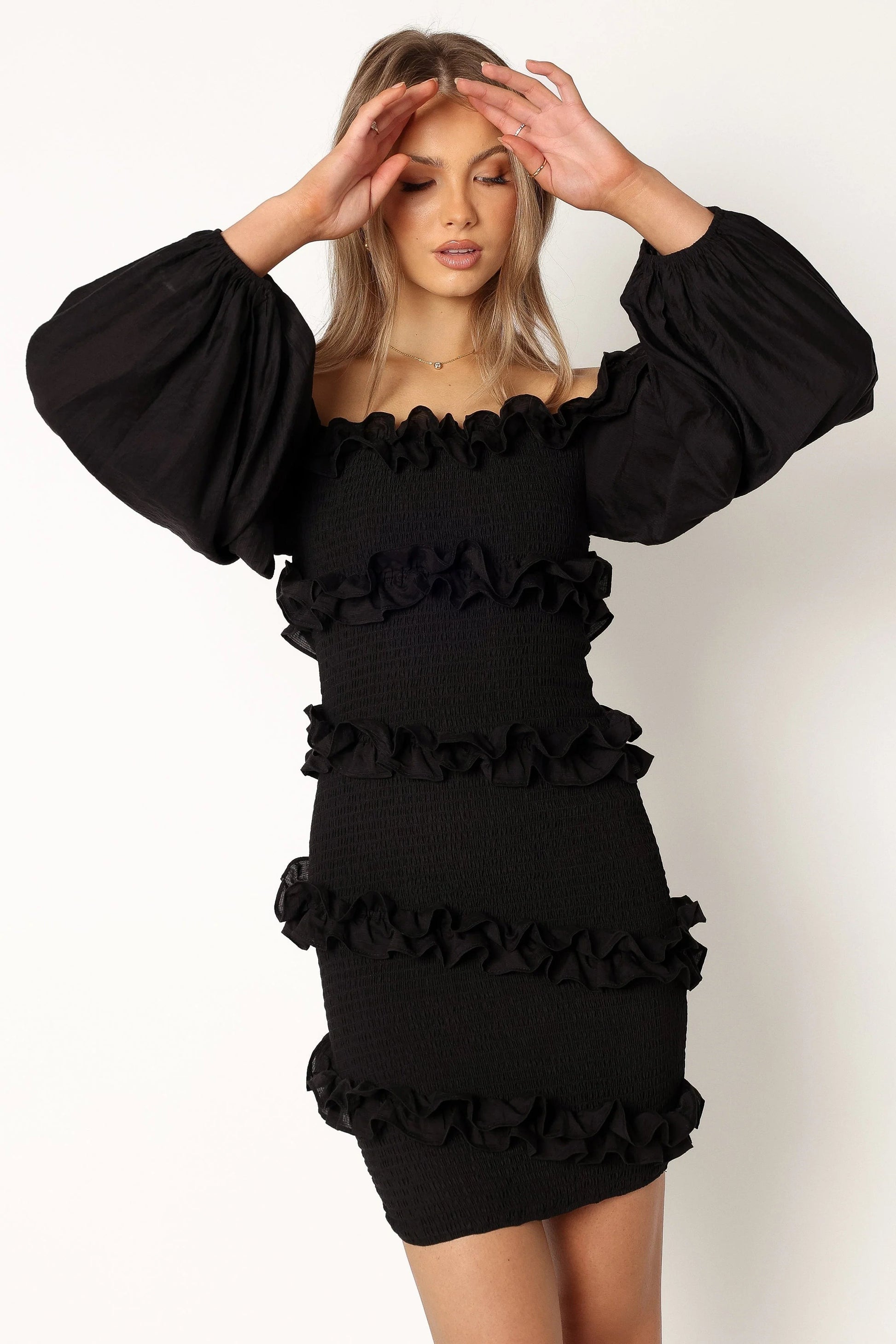 Off-Shoulder Ruffle-Asymmetric Mini Dress