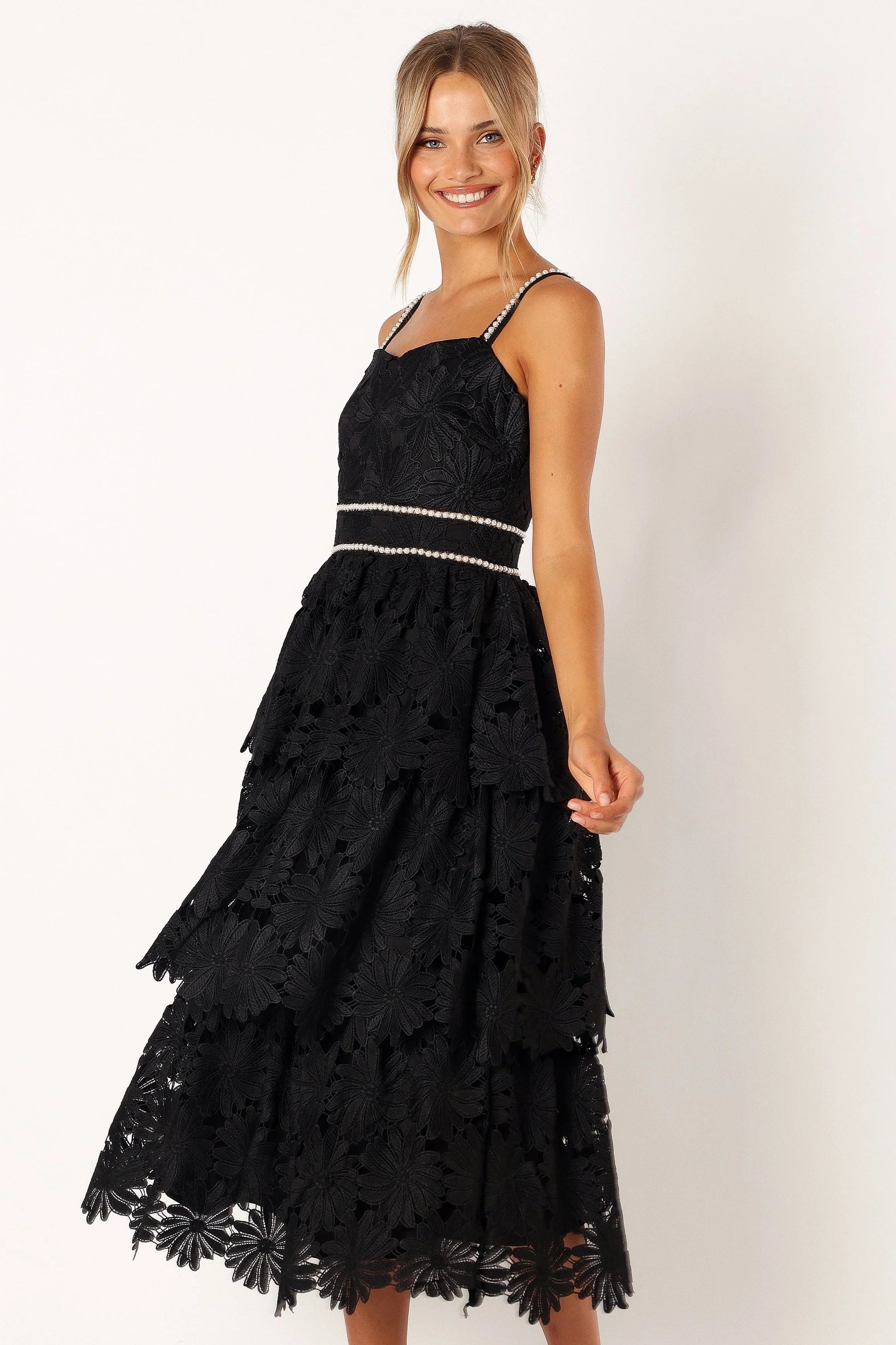 Pearl-Embroidered Tiered Sweetheart Midi