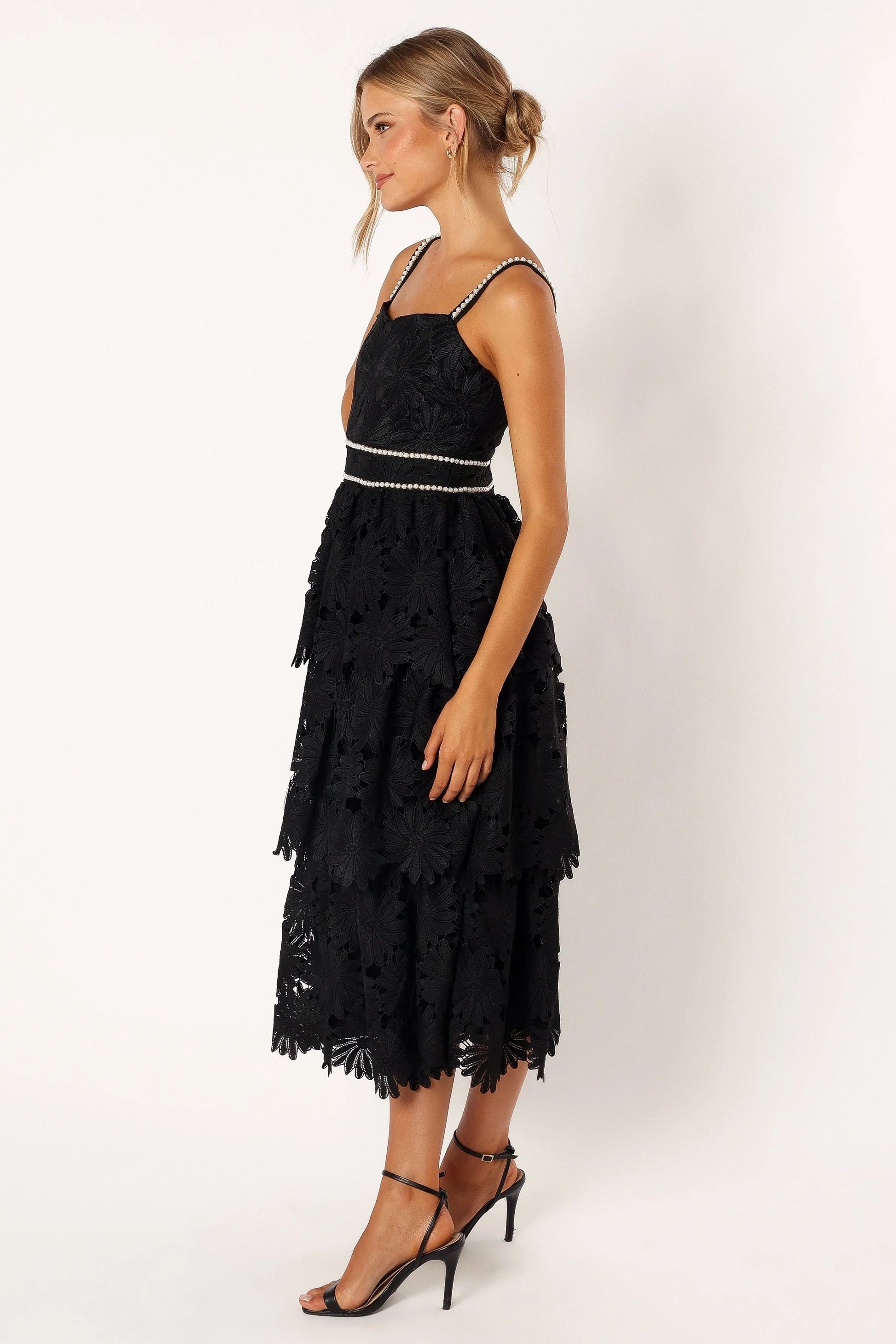 Pearl-Embroidered Tiered Sweetheart Midi