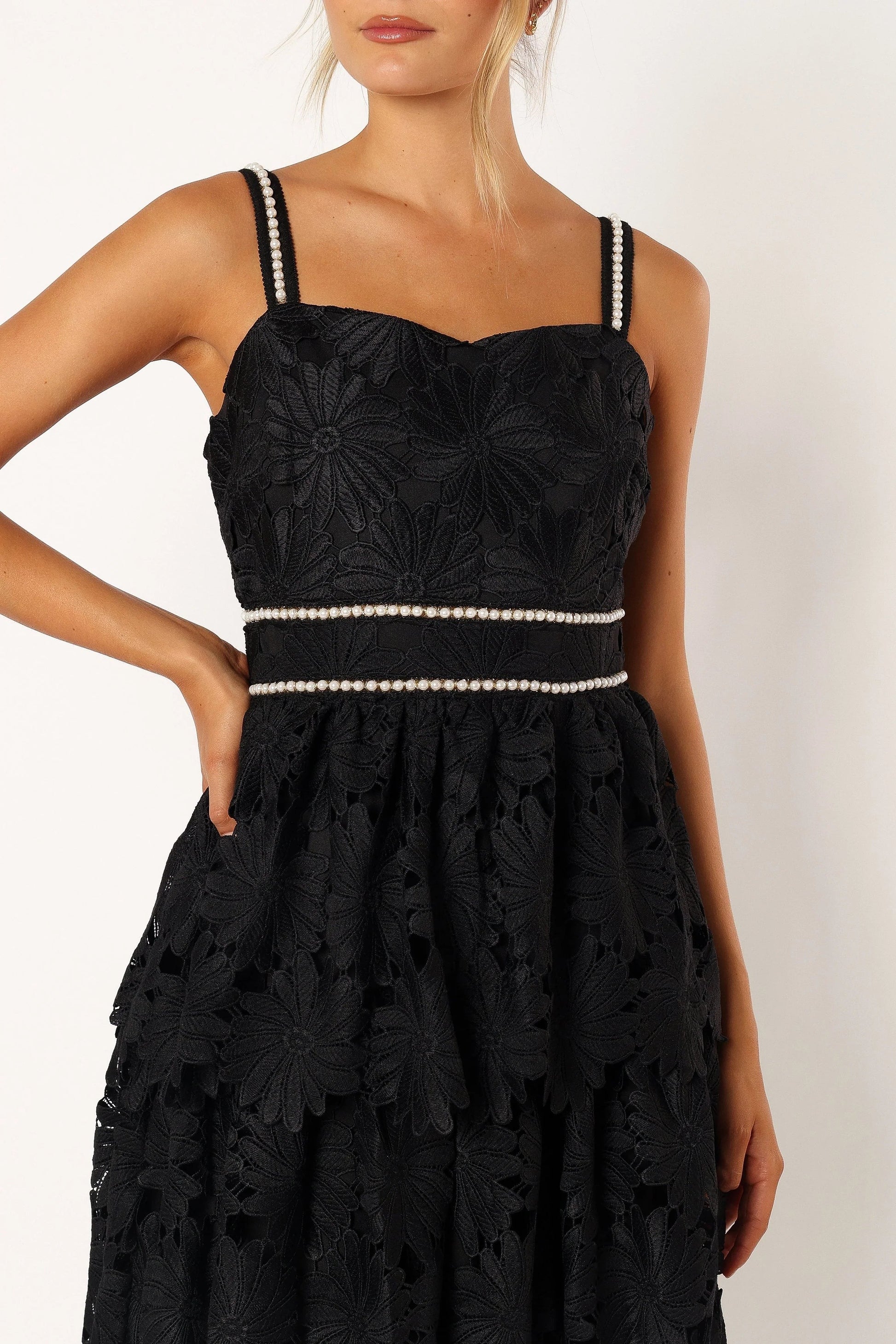 Pearl-Embroidered Tiered Sweetheart Midi