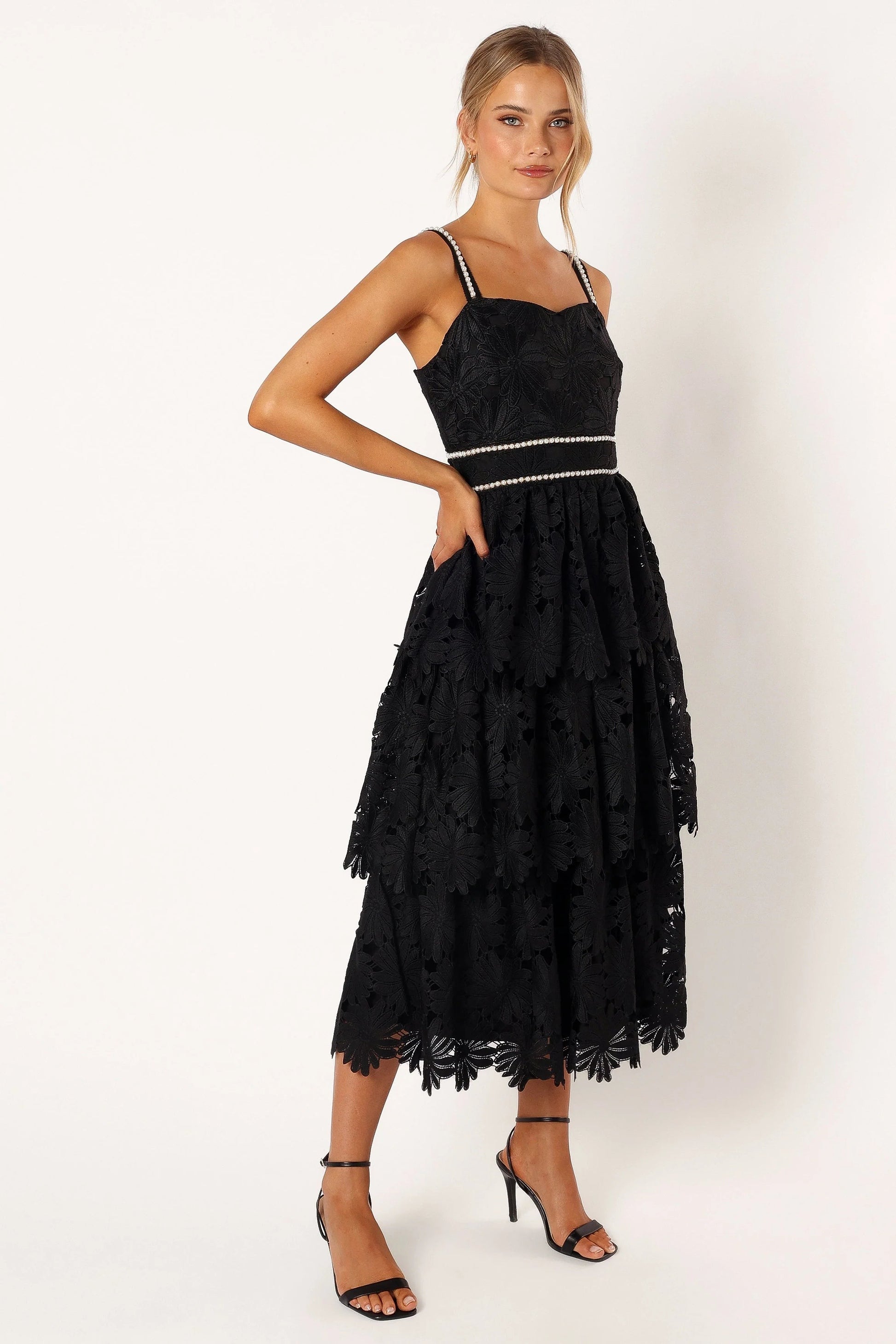 Pearl-Embroidered Tiered Sweetheart Midi