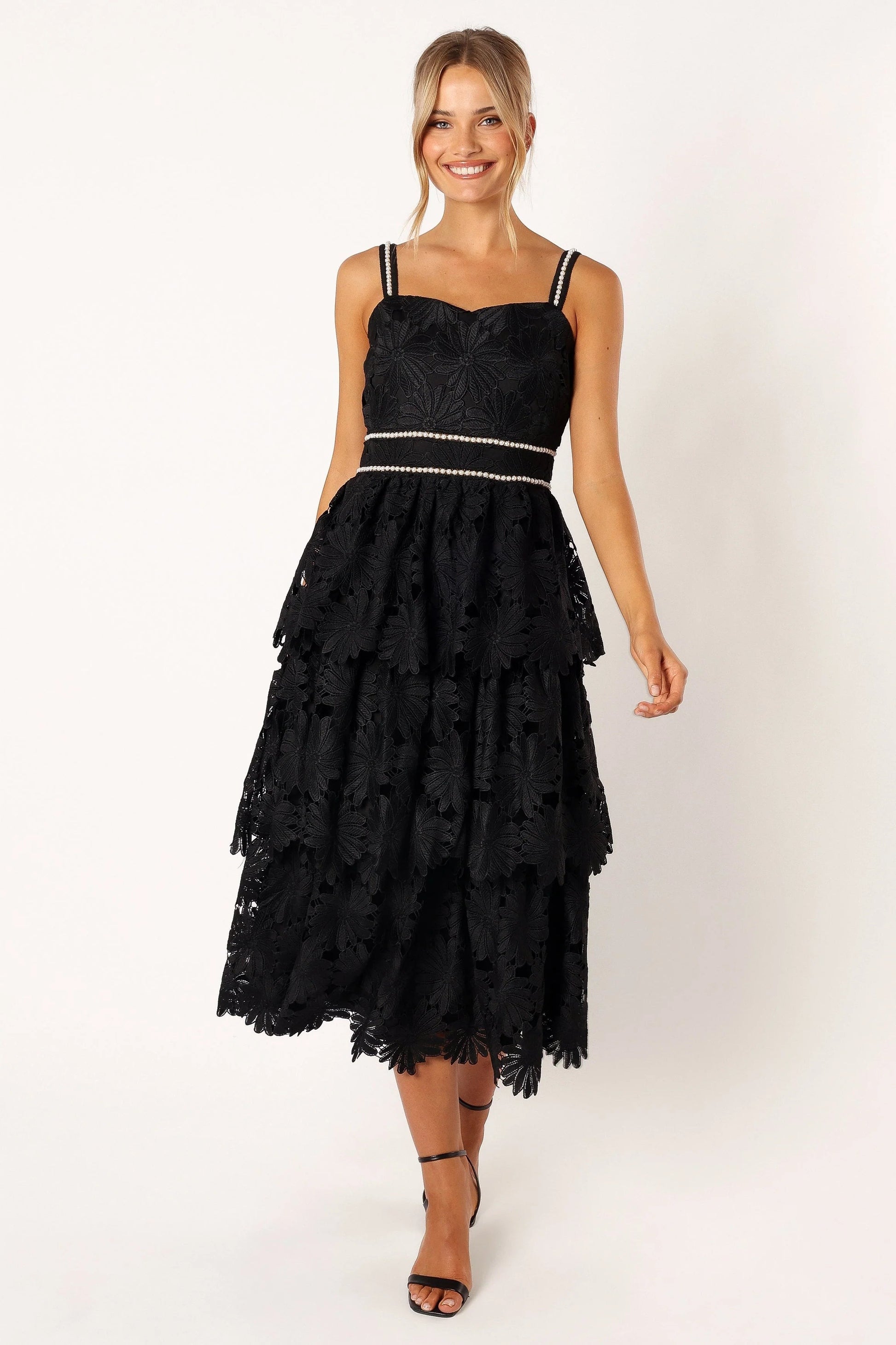 Pearl-Embroidered Tiered Sweetheart Midi