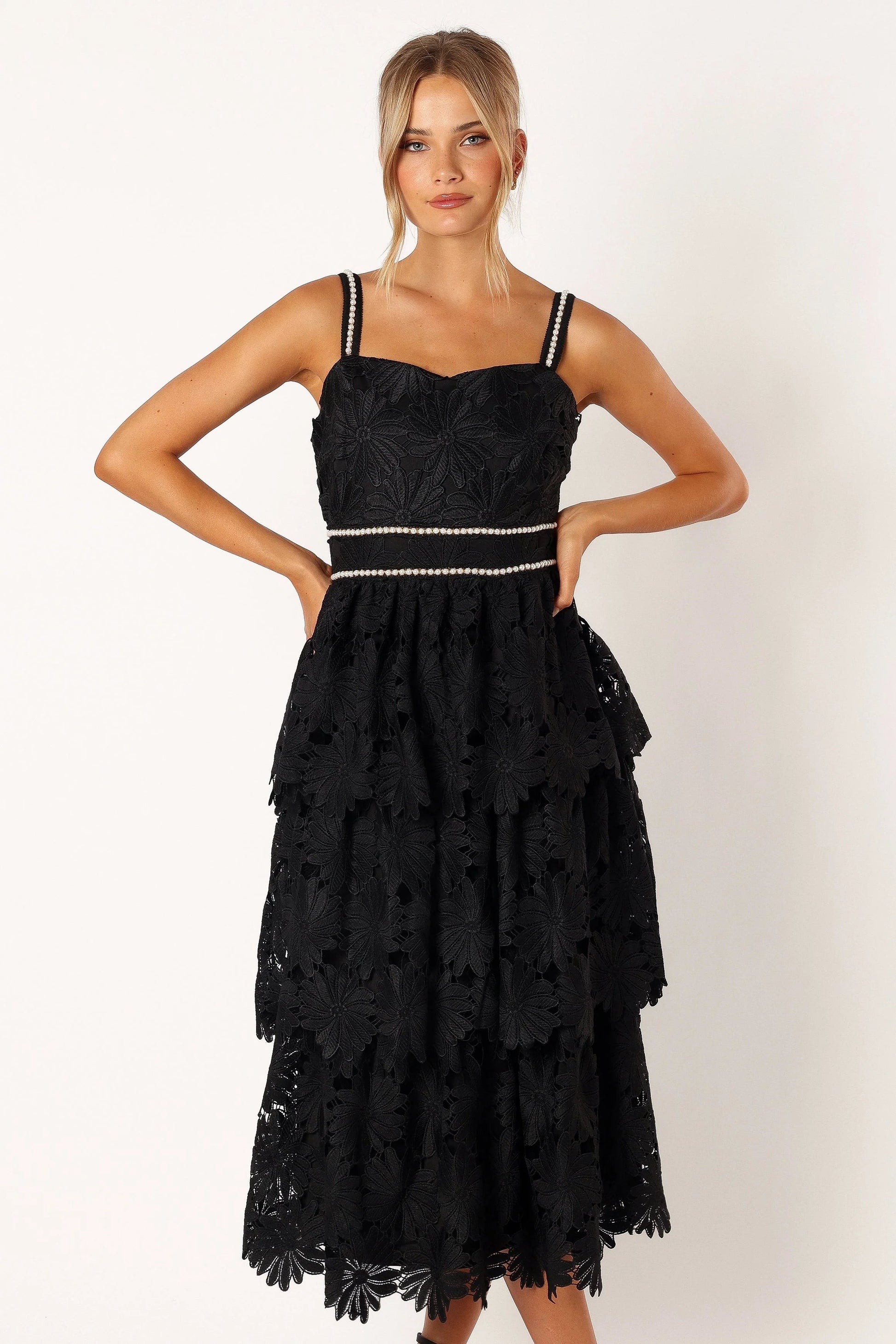 Pearl-Embroidered Tiered Sweetheart Midi