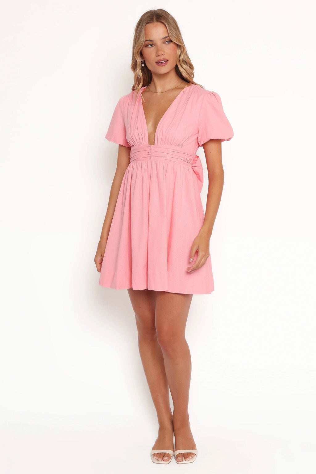 Puff-Sleeve V-Neck A-Line Mini Dress