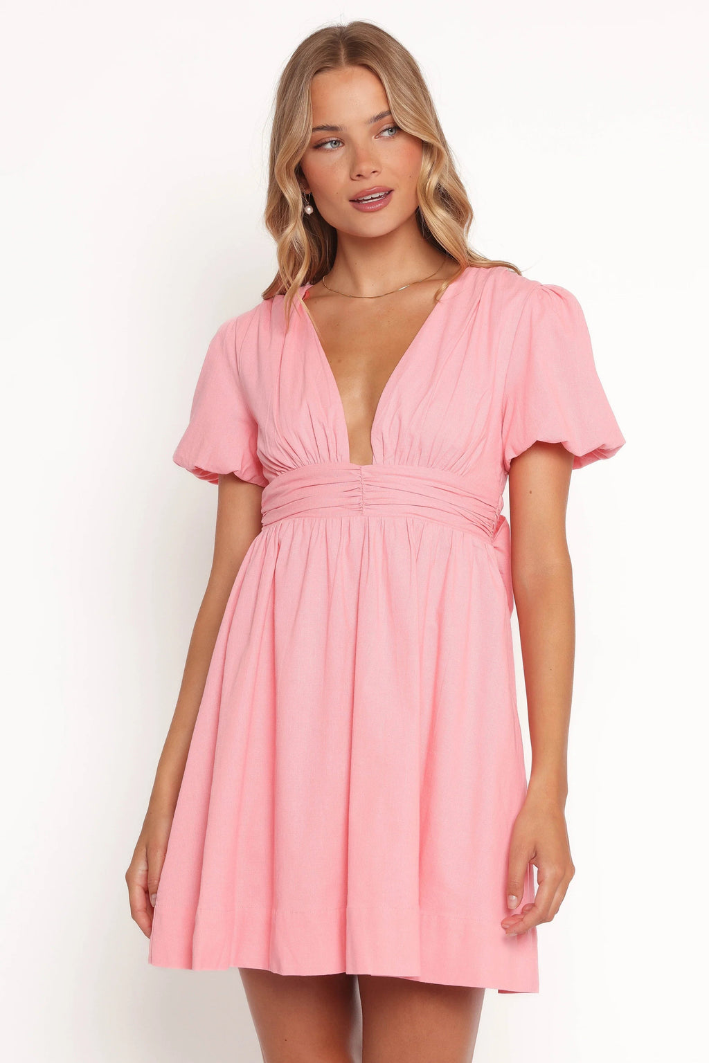 Puff-Sleeve V-Neck A-Line Mini Dress