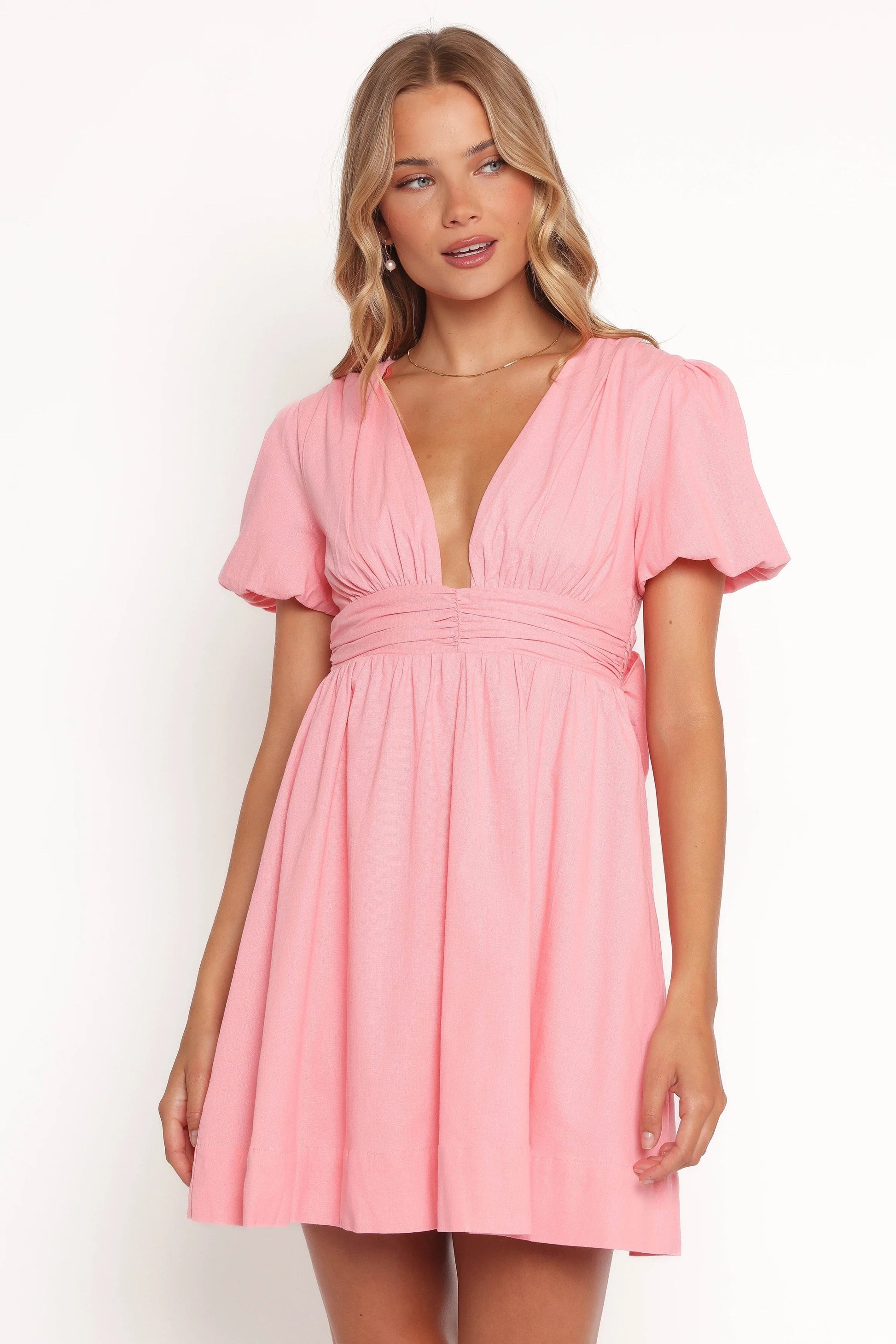Puff-Sleeve V-Neck A-Line Mini Dress