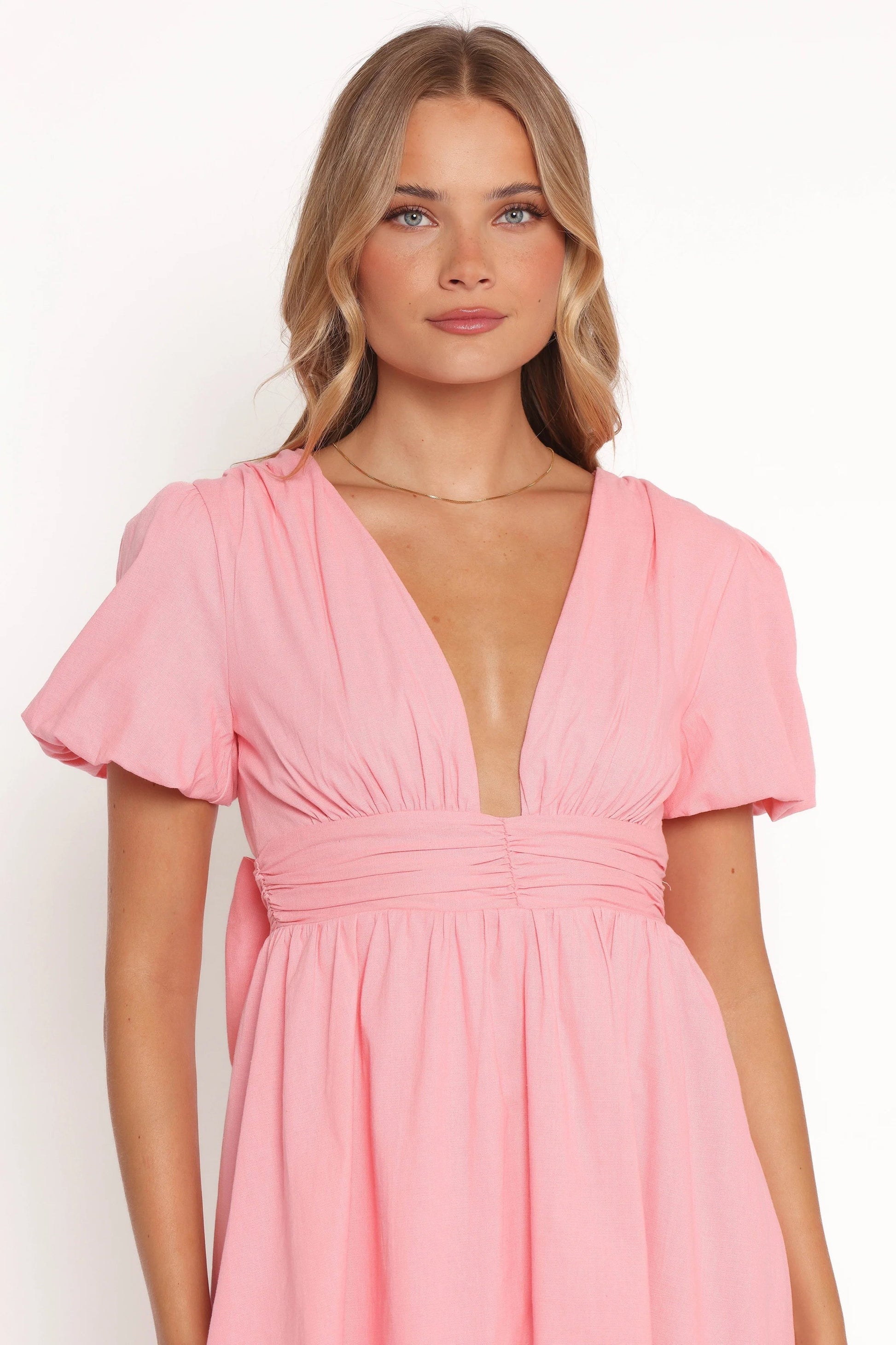 Puff-Sleeve V-Neck A-Line Mini Dress