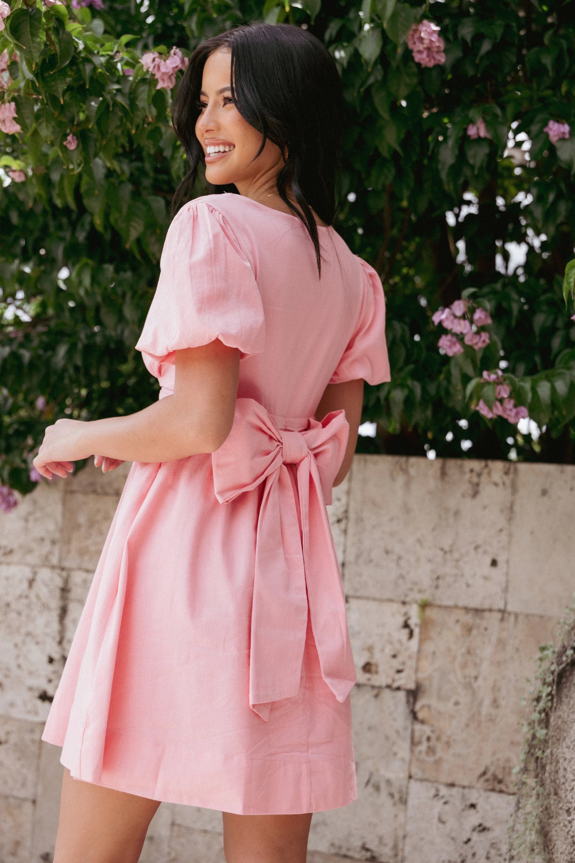 Puff-Sleeve V-Neck A-Line Mini Dress