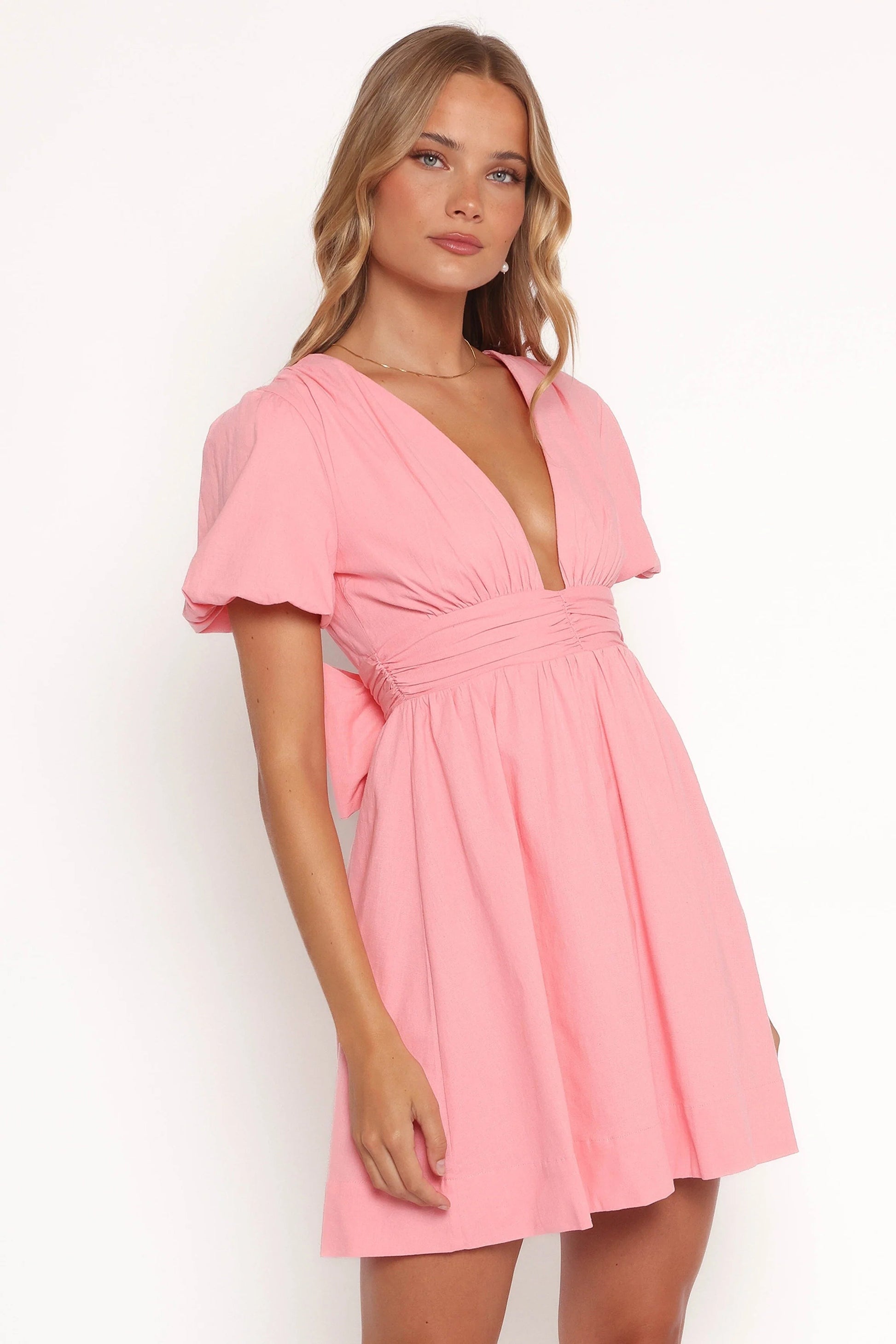 Puff-Sleeve V-Neck A-Line Mini Dress