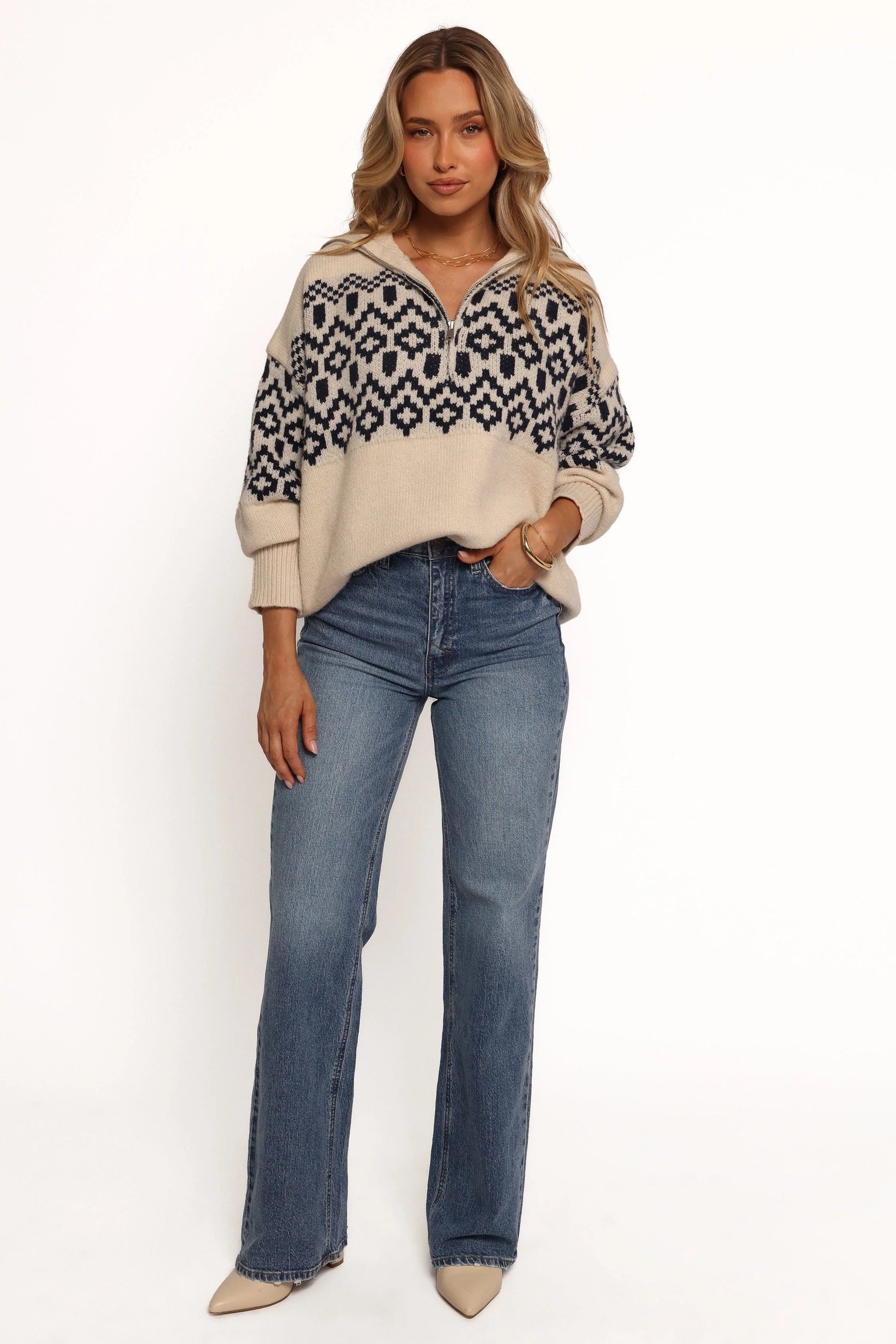 Quarter-Zip Fair Isle Knit Sweater