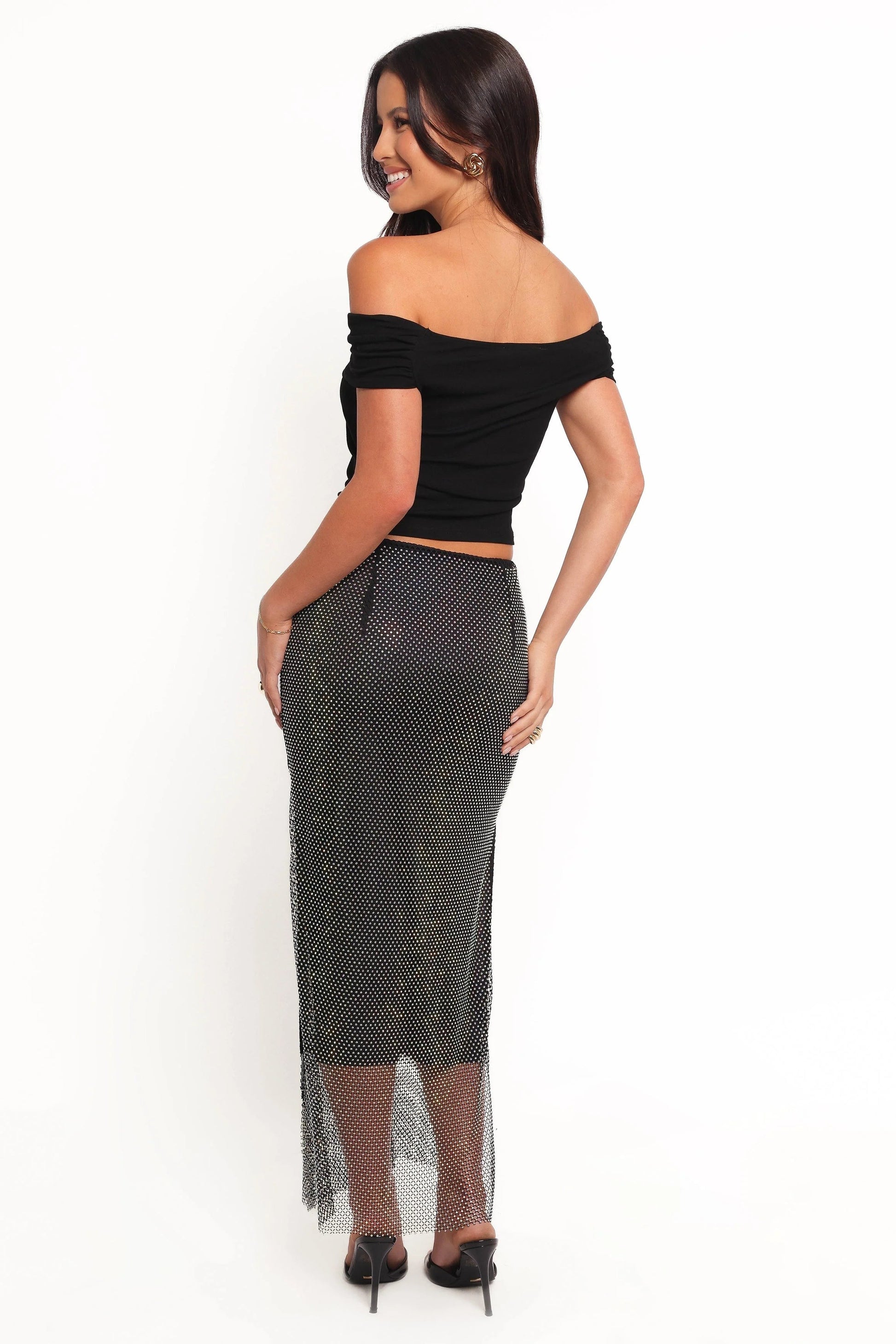 Rhinestone Mesh Midi Skirt