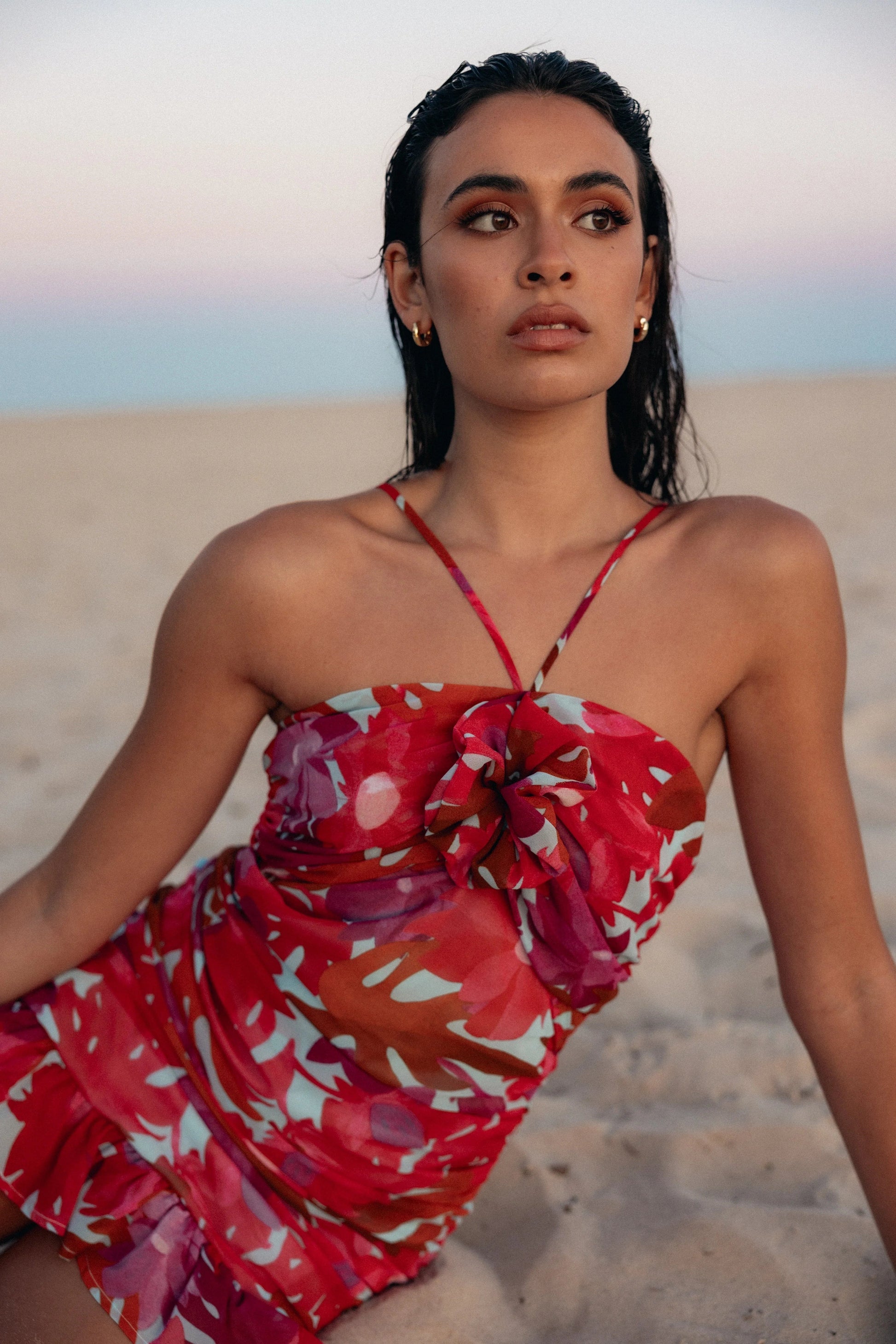 Rosette-Detail Halter Mini Dress