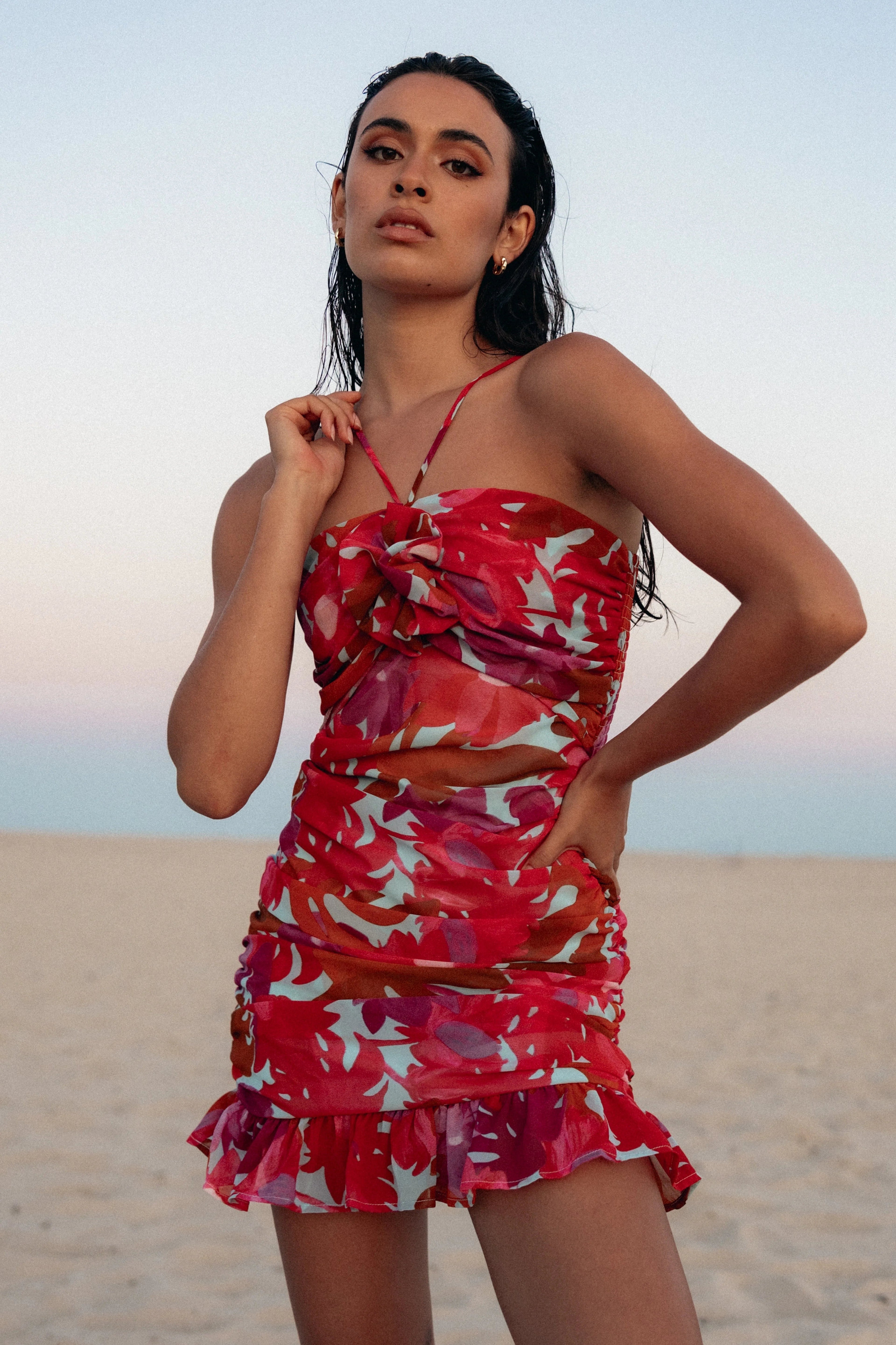 Rosette-Detail Halter Mini Dress