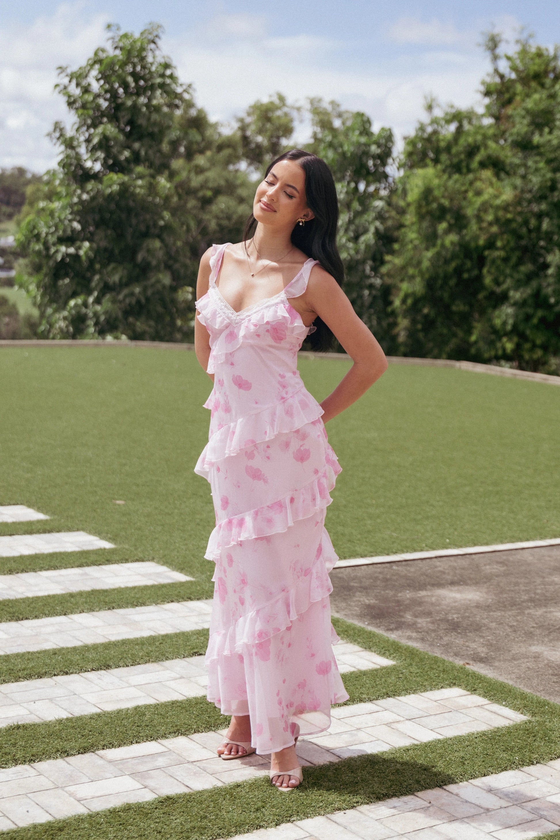 Ruffle V-Neck Open-Back Maxi Dress