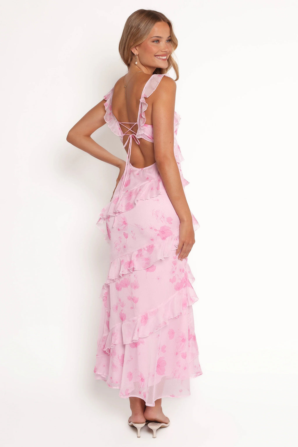 Ruffle V-Neck Open-Back Maxi Dress