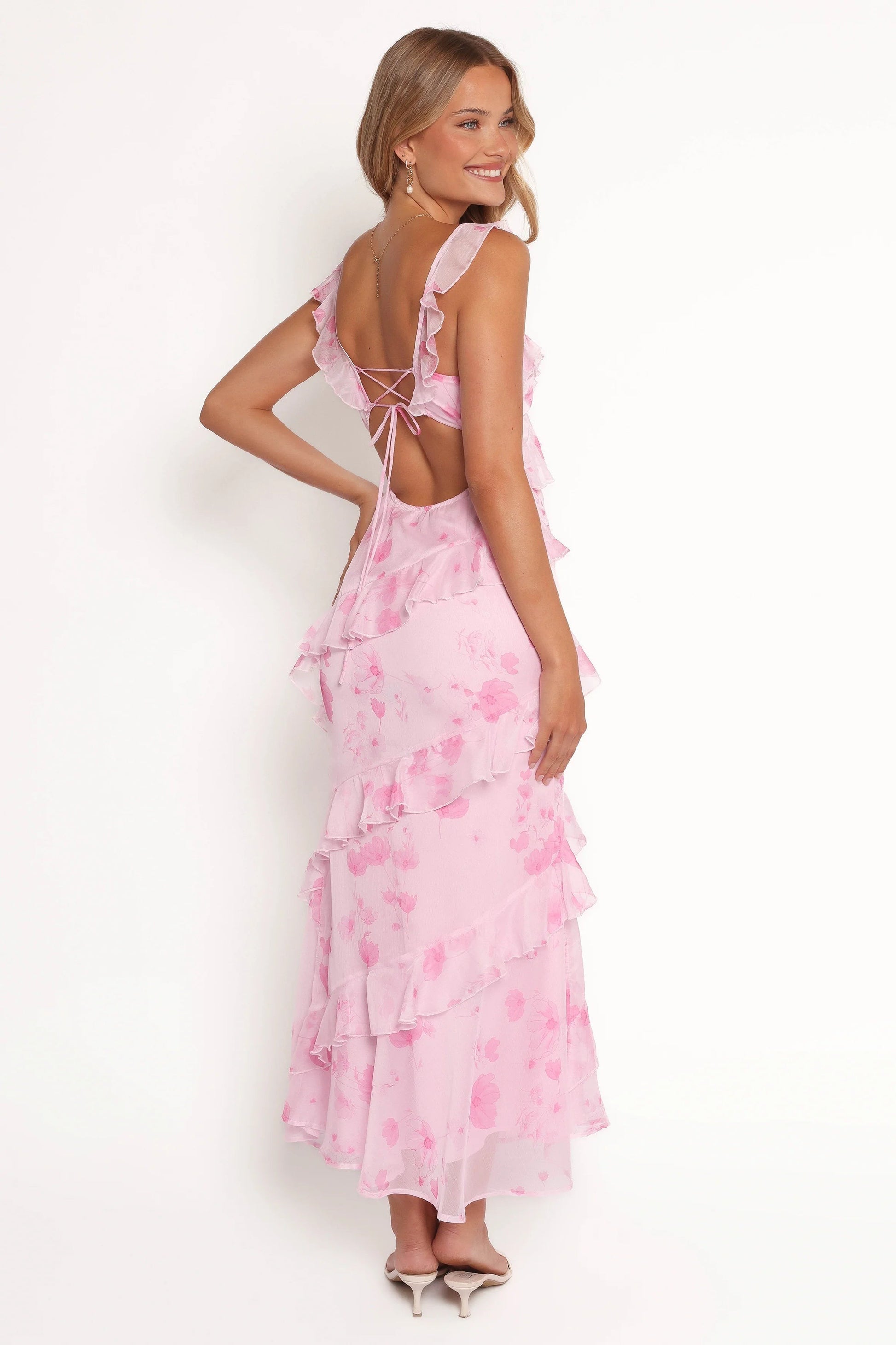 Ruffle V-Neck Open-Back Maxi Dress