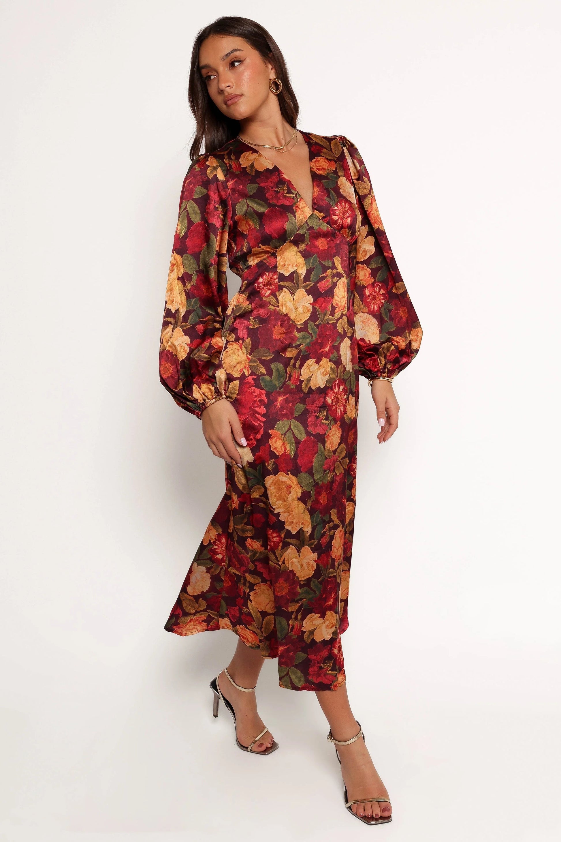 Satin-Sheen Floral V-Neck Long-Sleeve Maxi Dress