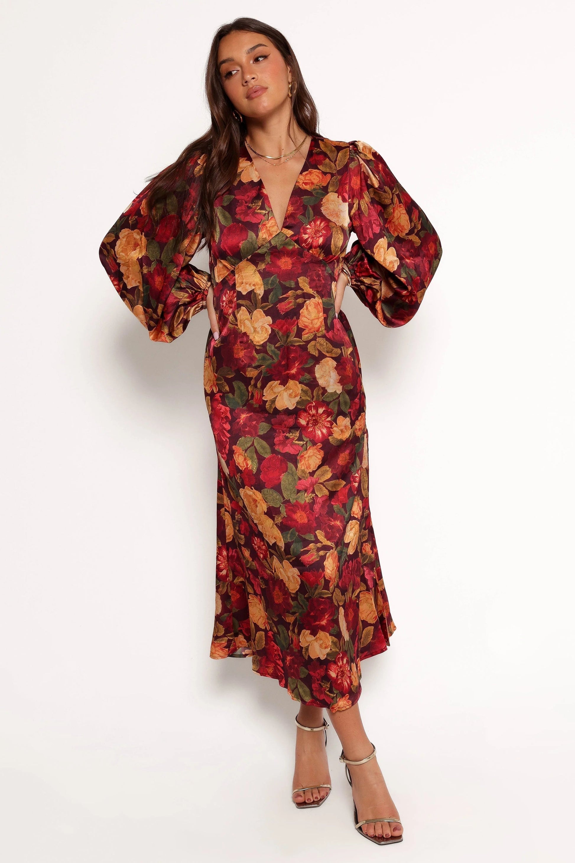 Satin-Sheen Floral V-Neck Long-Sleeve Maxi Dress