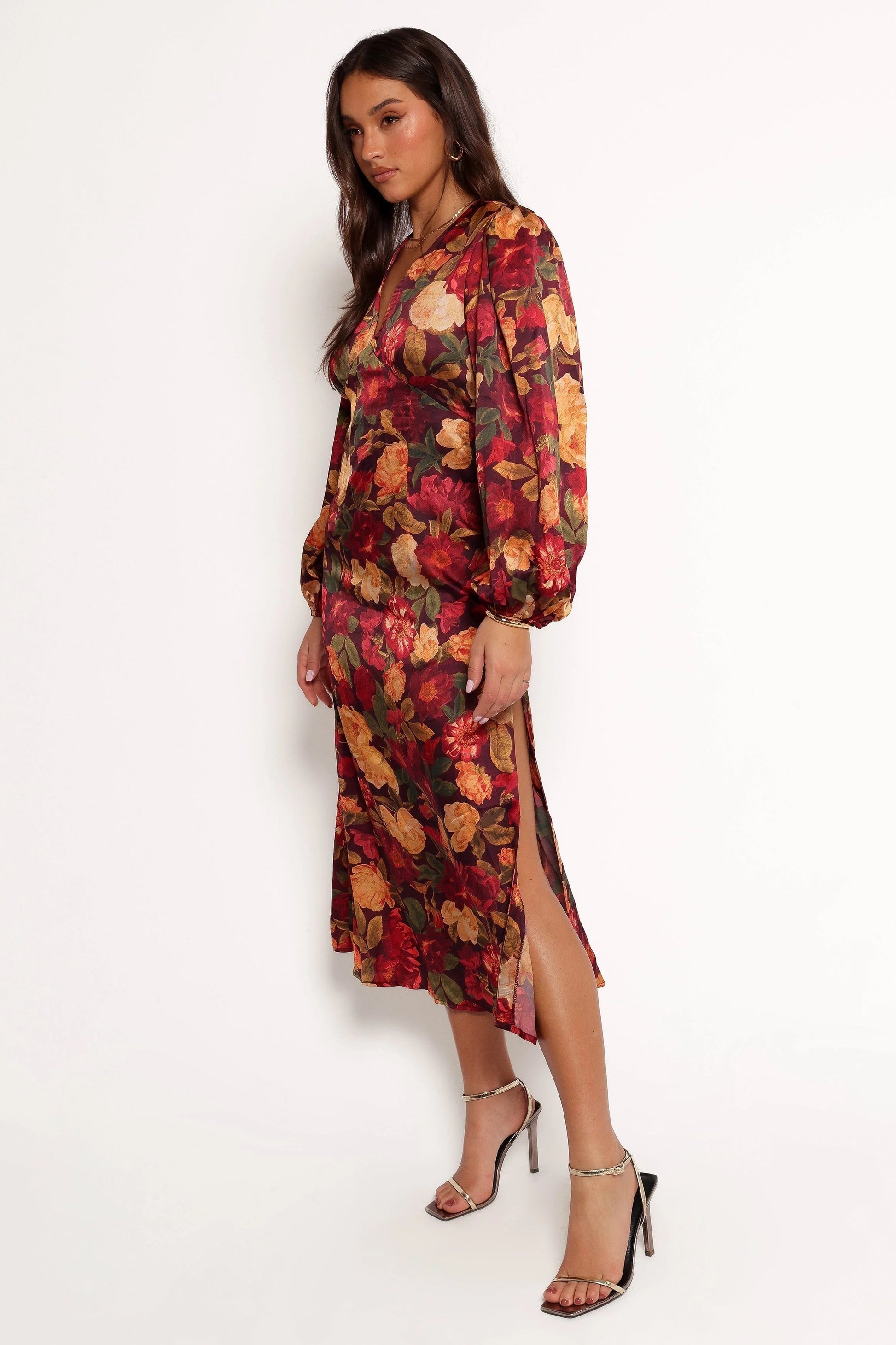 Satin-Sheen Floral V-Neck Long-Sleeve Maxi Dress