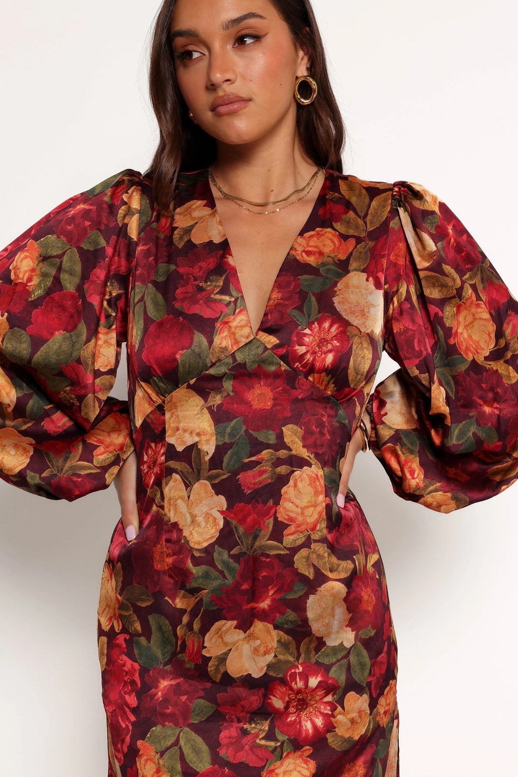 Satin-Sheen Floral V-Neck Long-Sleeve Maxi Dress