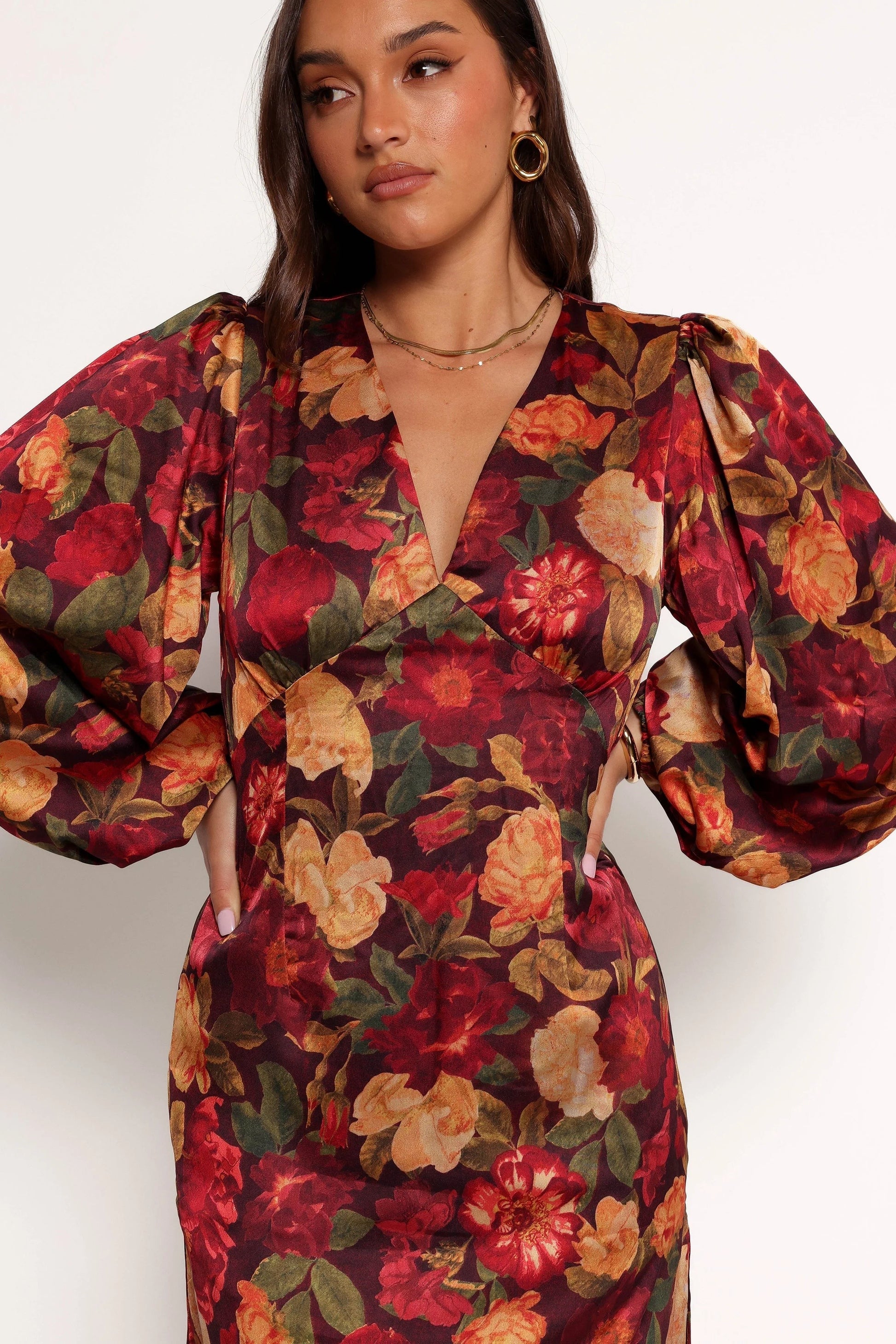 Satin-Sheen Floral V-Neck Long-Sleeve Maxi Dress