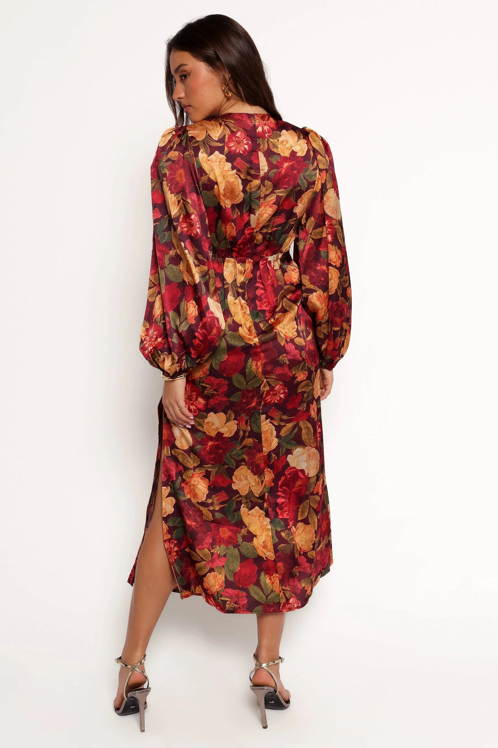 Satin-Sheen Floral V-Neck Long-Sleeve Maxi Dress