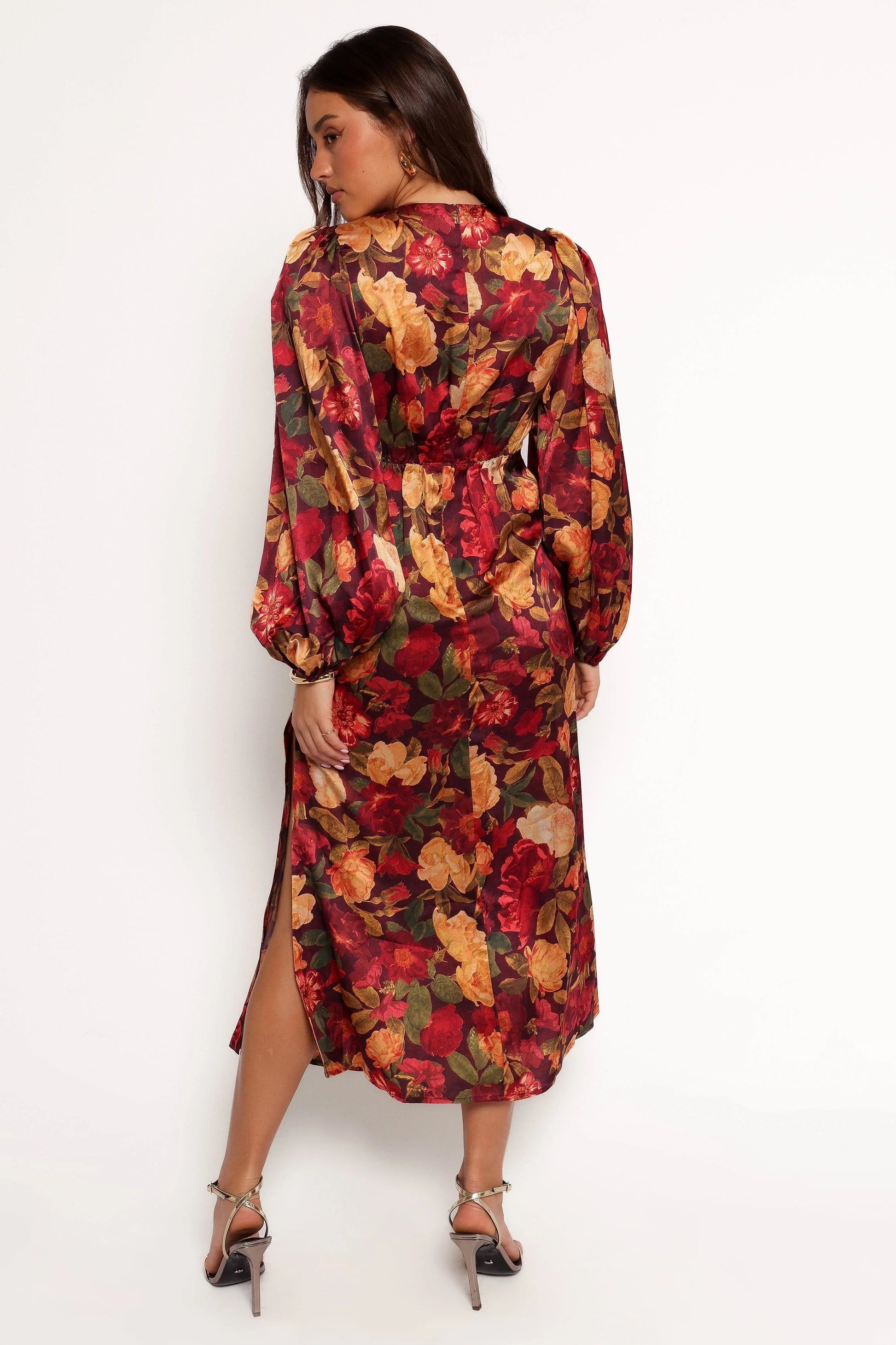 Satin-Sheen Floral V-Neck Long-Sleeve Maxi Dress